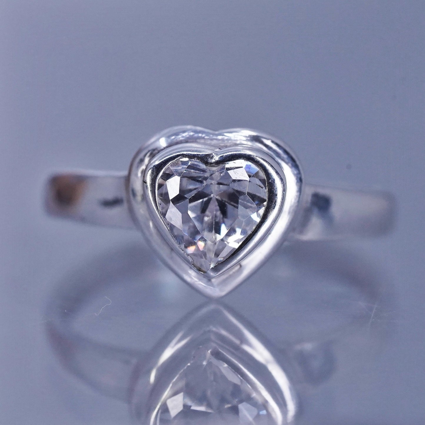 Size 3.25 vintage Sterling 925 silver engagement double ring with heart Cz