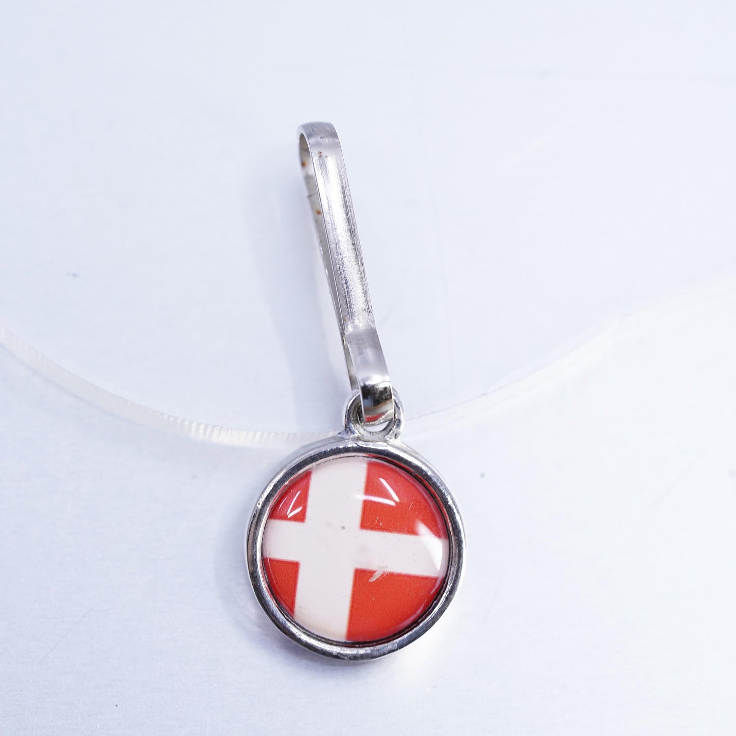 Denmark Flag silver tone Charm, Red Enamel Danish Flag Pendant, Scandinavian