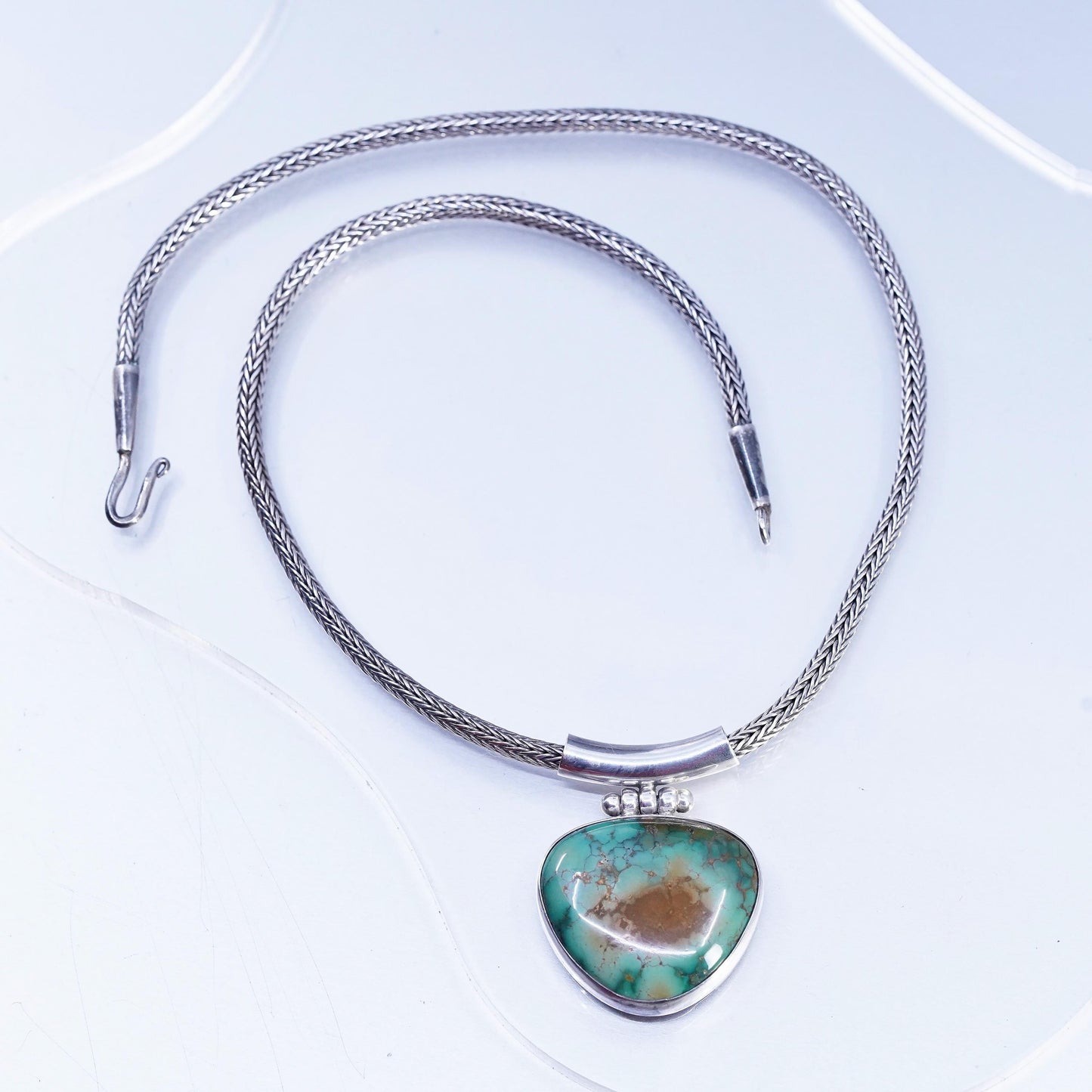 16", vintage Sterling 925 silver bold wheat chain necklace turquoise pendant