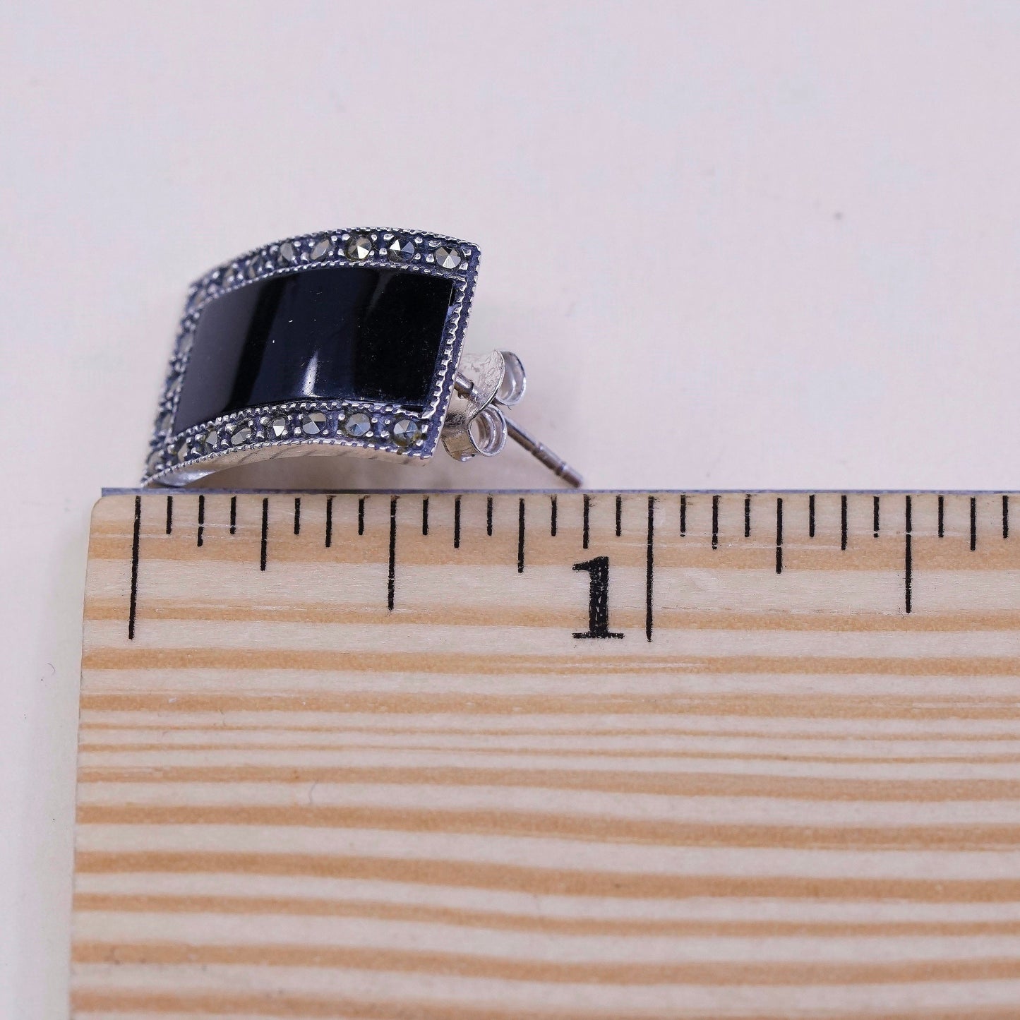 VTG Sterling silver handmade earrings, 925 stud w/ obsidian n marcasite