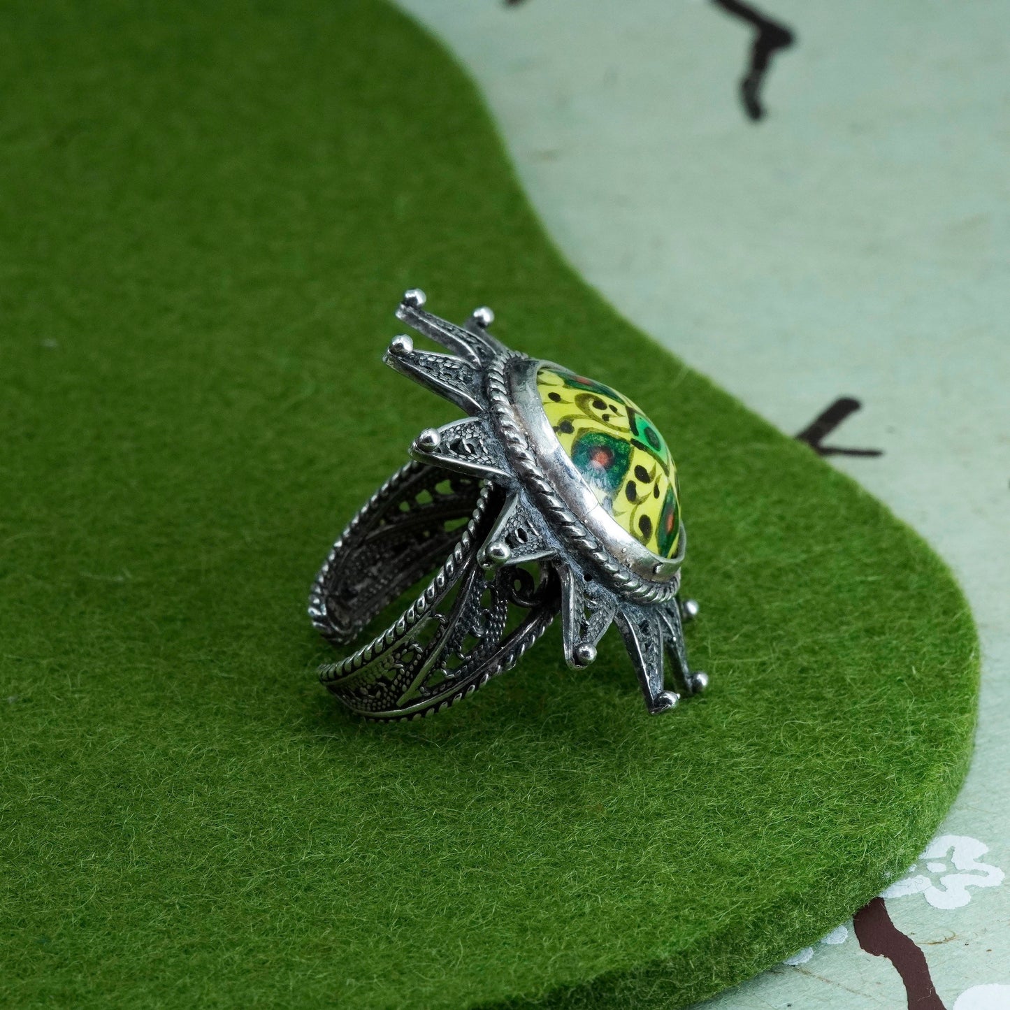 Size adjustable, Sterling silver ring, 925 filigree flower band artisan glass