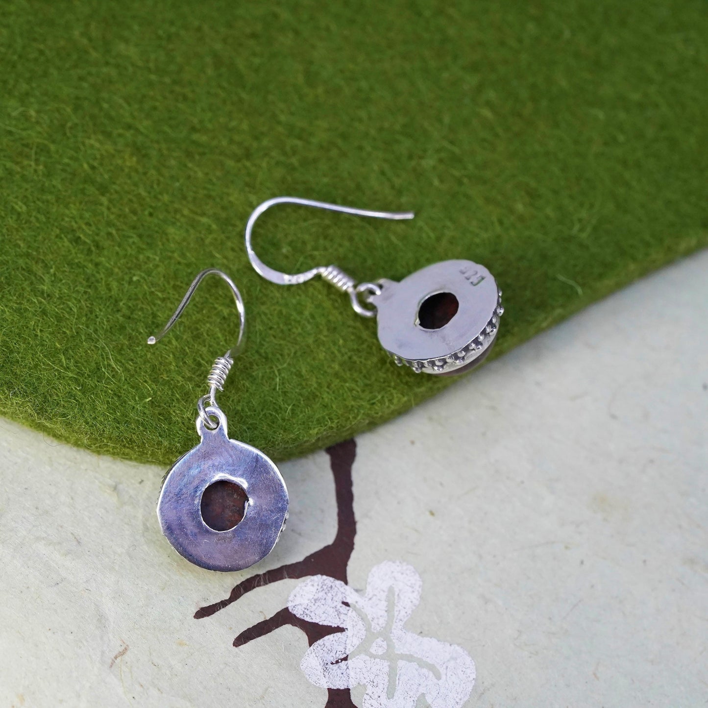 Vintage Sterling 925 silver handmade earrings with circle red jasper drops