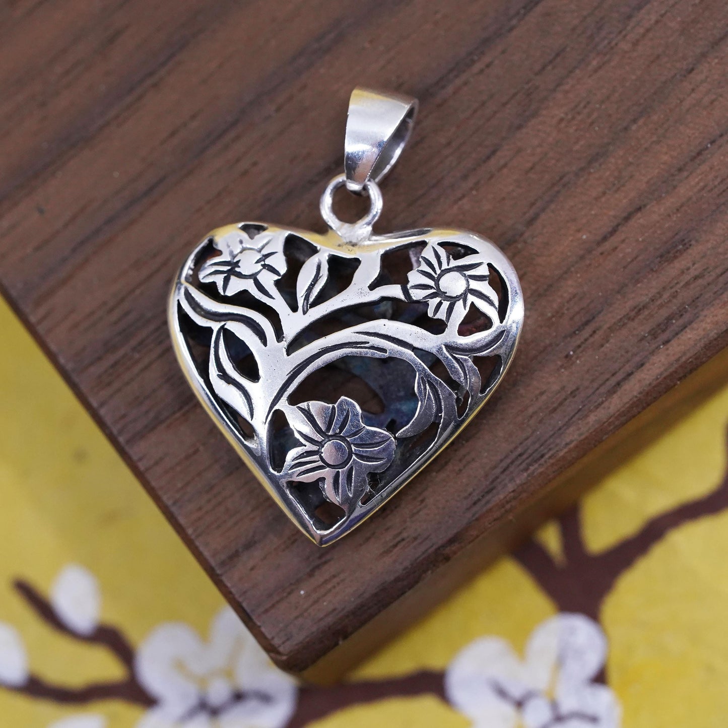 Vintage Sterling silver handmade flower pendant, puffy 925 heart charm
