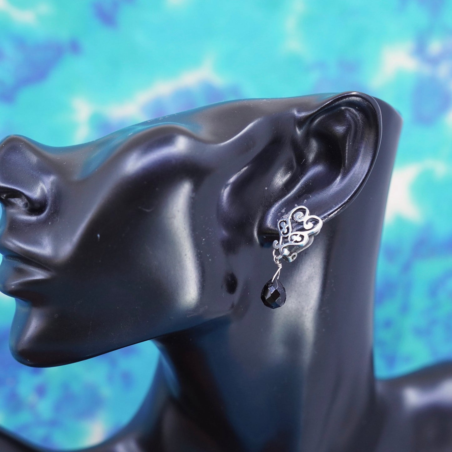 Vintage Sterling silver handmade clip on, 925 swirly earrings with black onyx