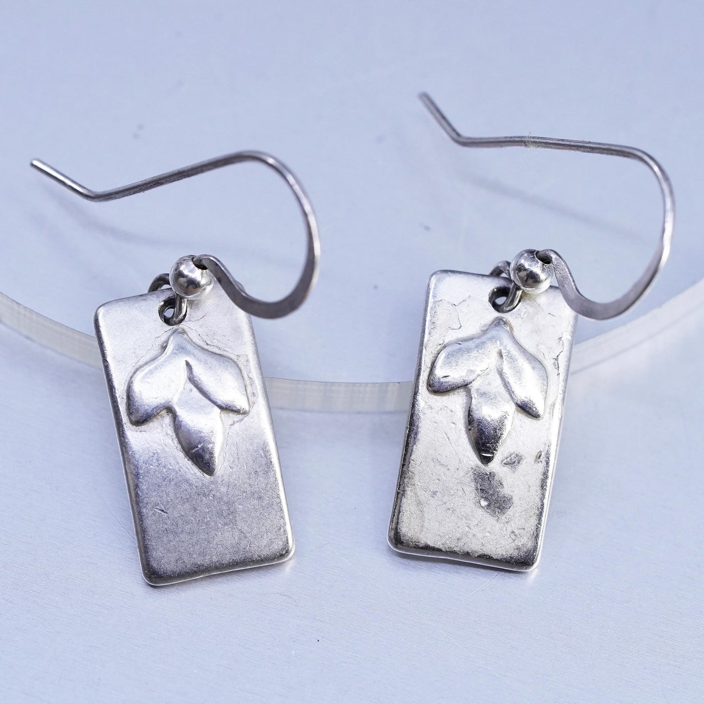 Vintage Sterling 925 silver handmade leaf tag earrings