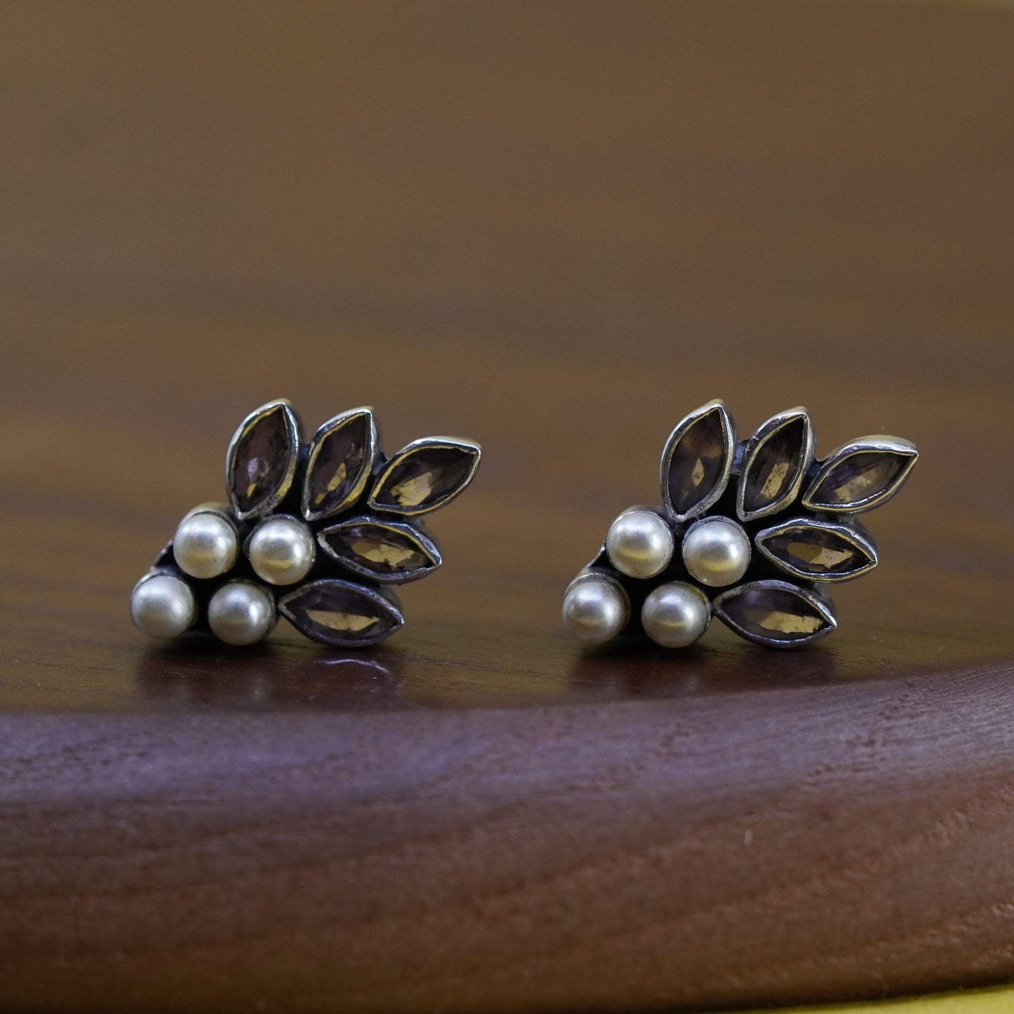 Vintage Sterling 925 silver amethyst studs, earrings with pearls