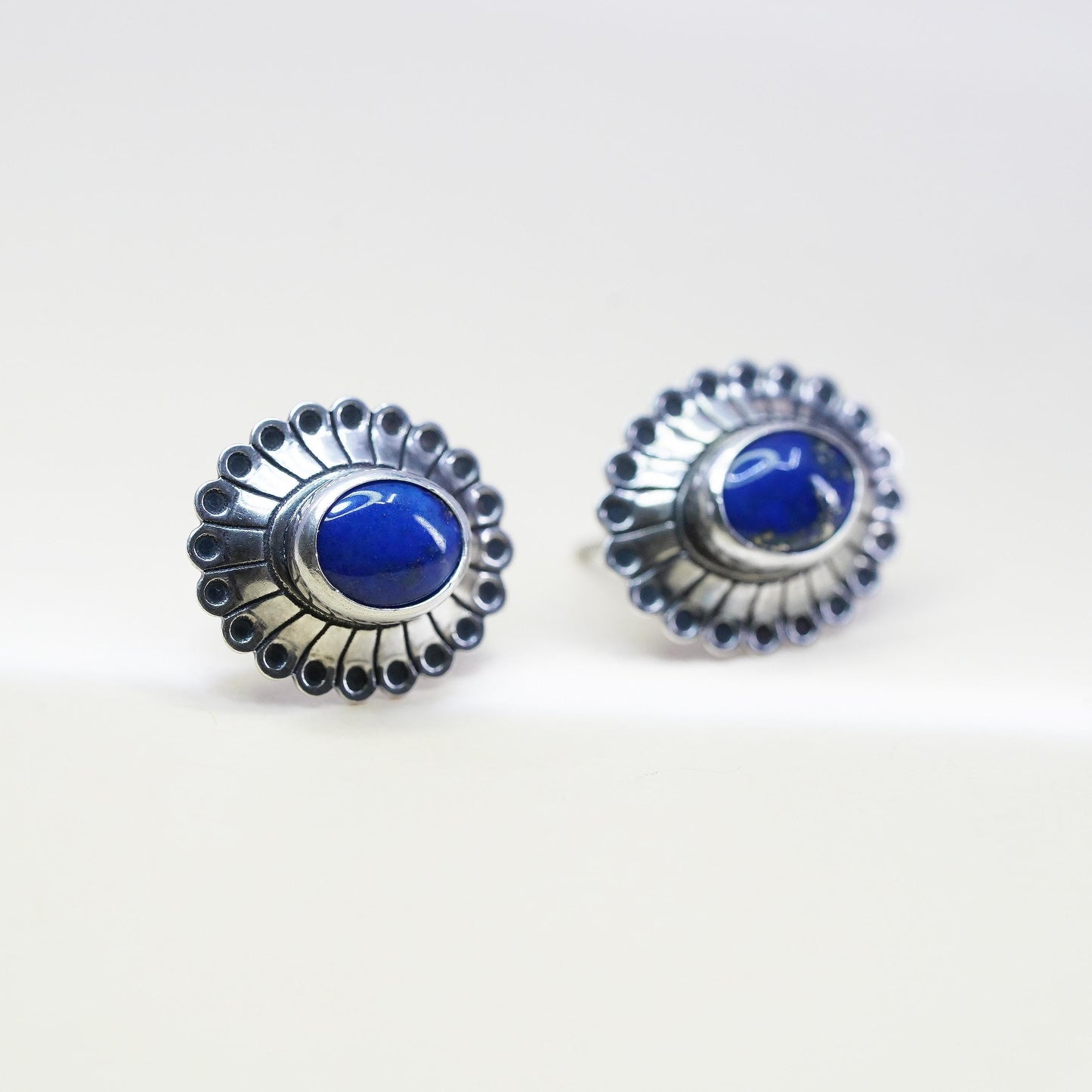 Vintage southwestern Sterling silver earrings, 925 oval studs with lapis lazuli