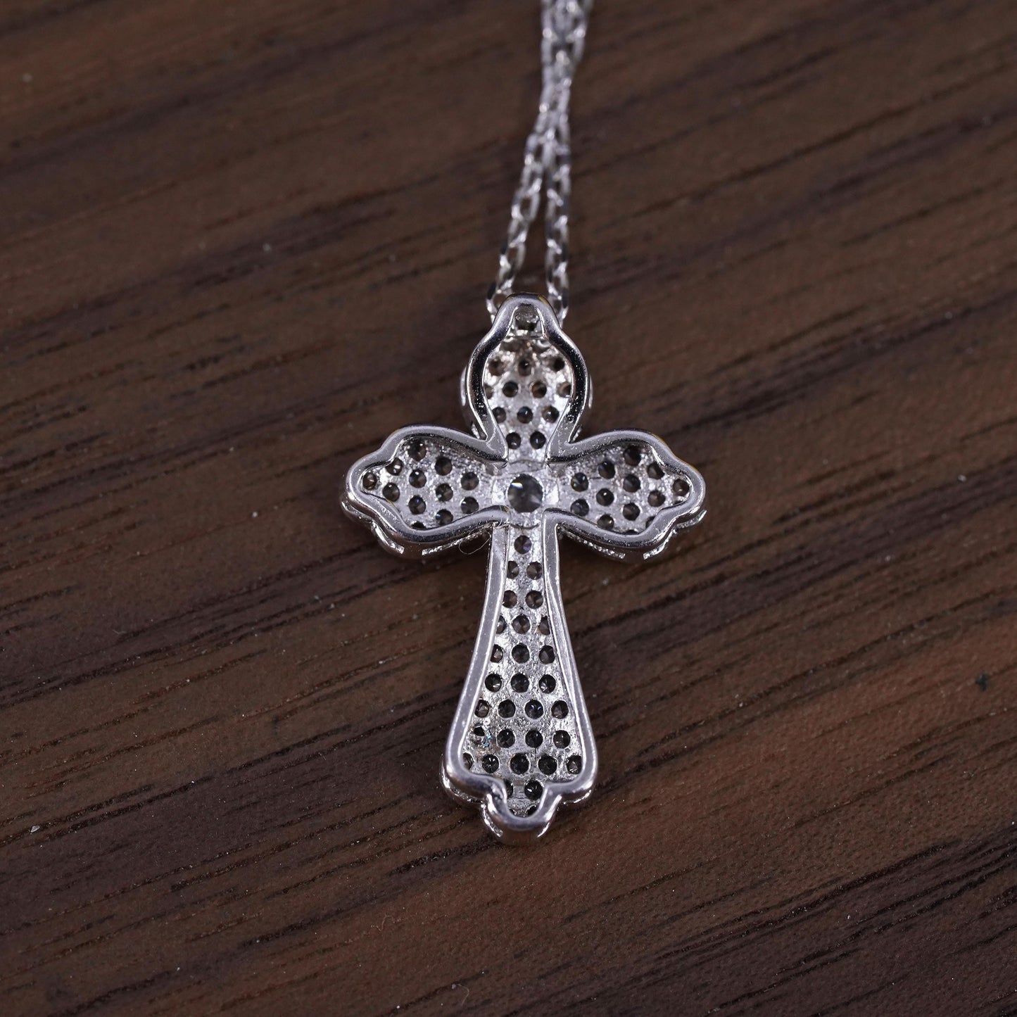 18”, Sterling silver necklace, 925 silver circle chain cluster cz cross pendant