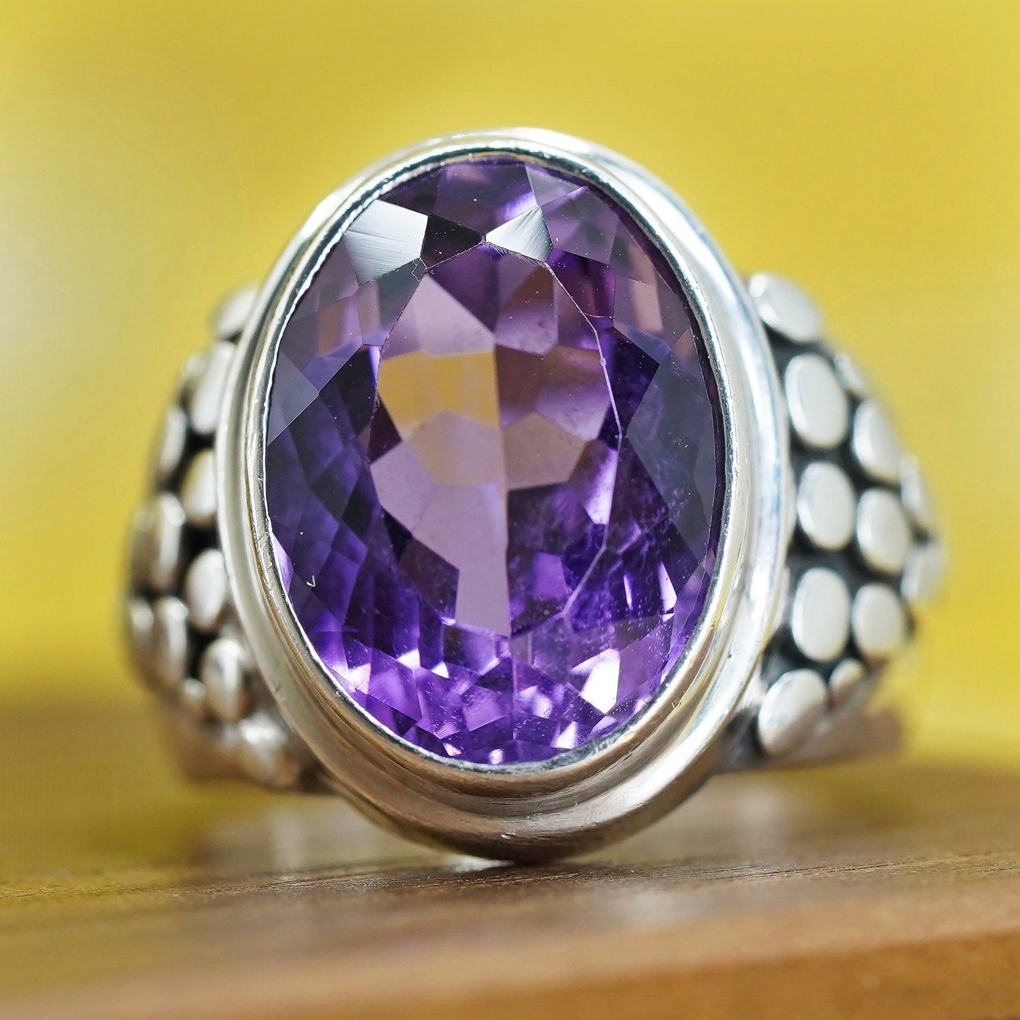 Size 7.5, vintage Sterling 925 silver handmade ring with amethyst bead textures