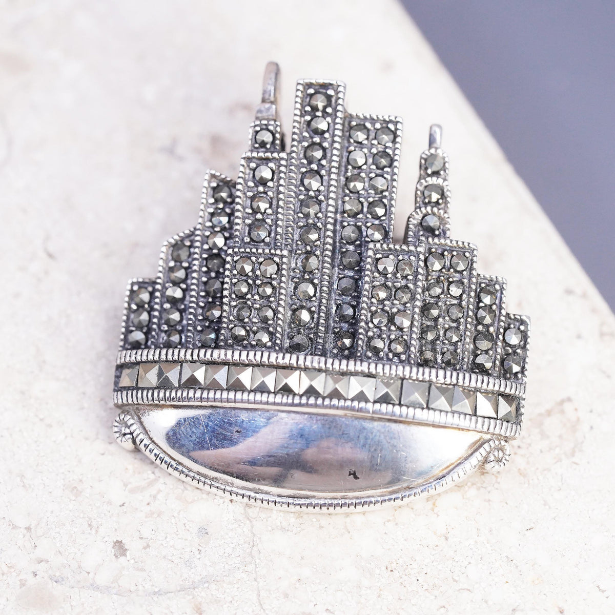 DBJ Sterling 925 Silver Marcasite Art Deco New York City Skyline Brooch Pendant