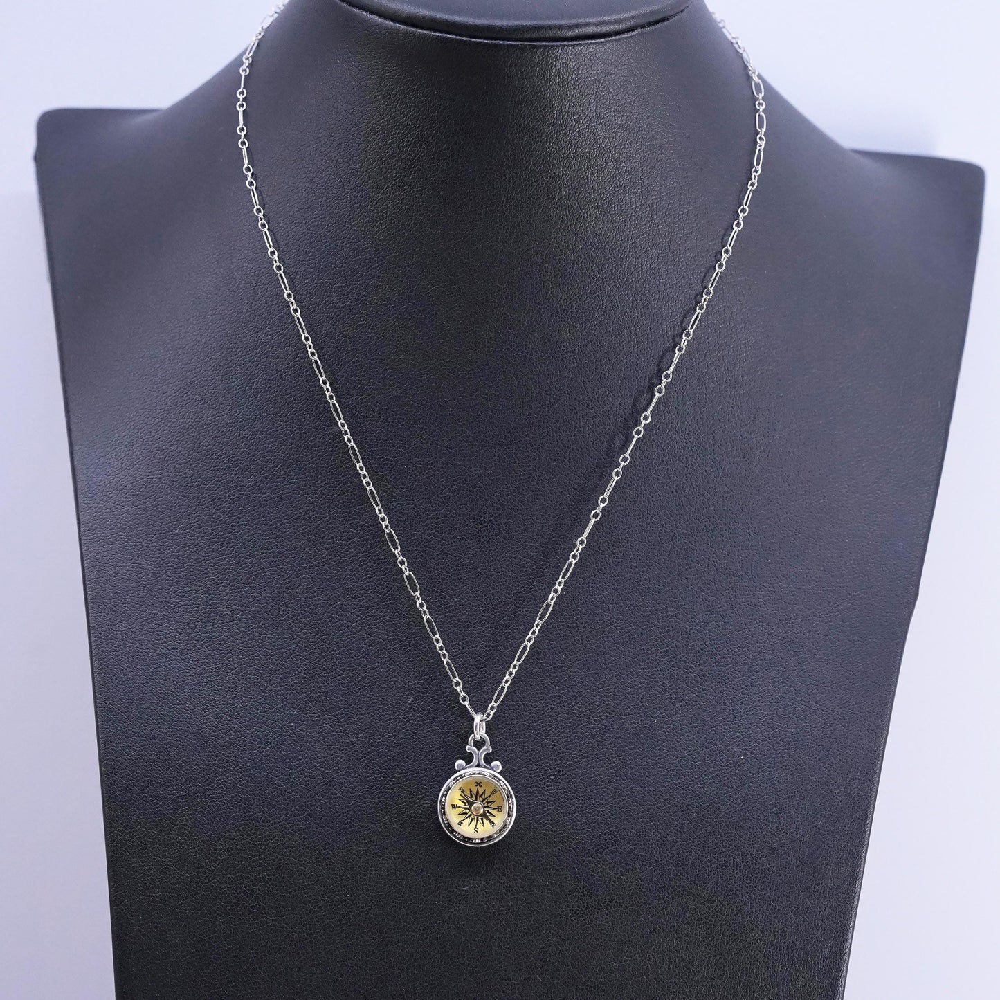 16”, vintage Sterling silver necklace, 925 figaro chain with compass pendant