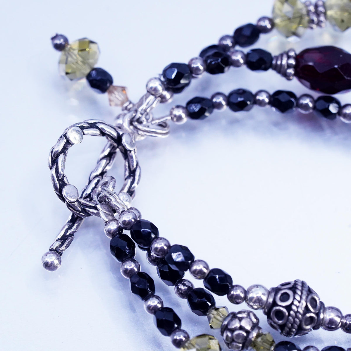 6.5”, VTG Sterling 925 silver multi strands bracelet citrine garnet onyx beads