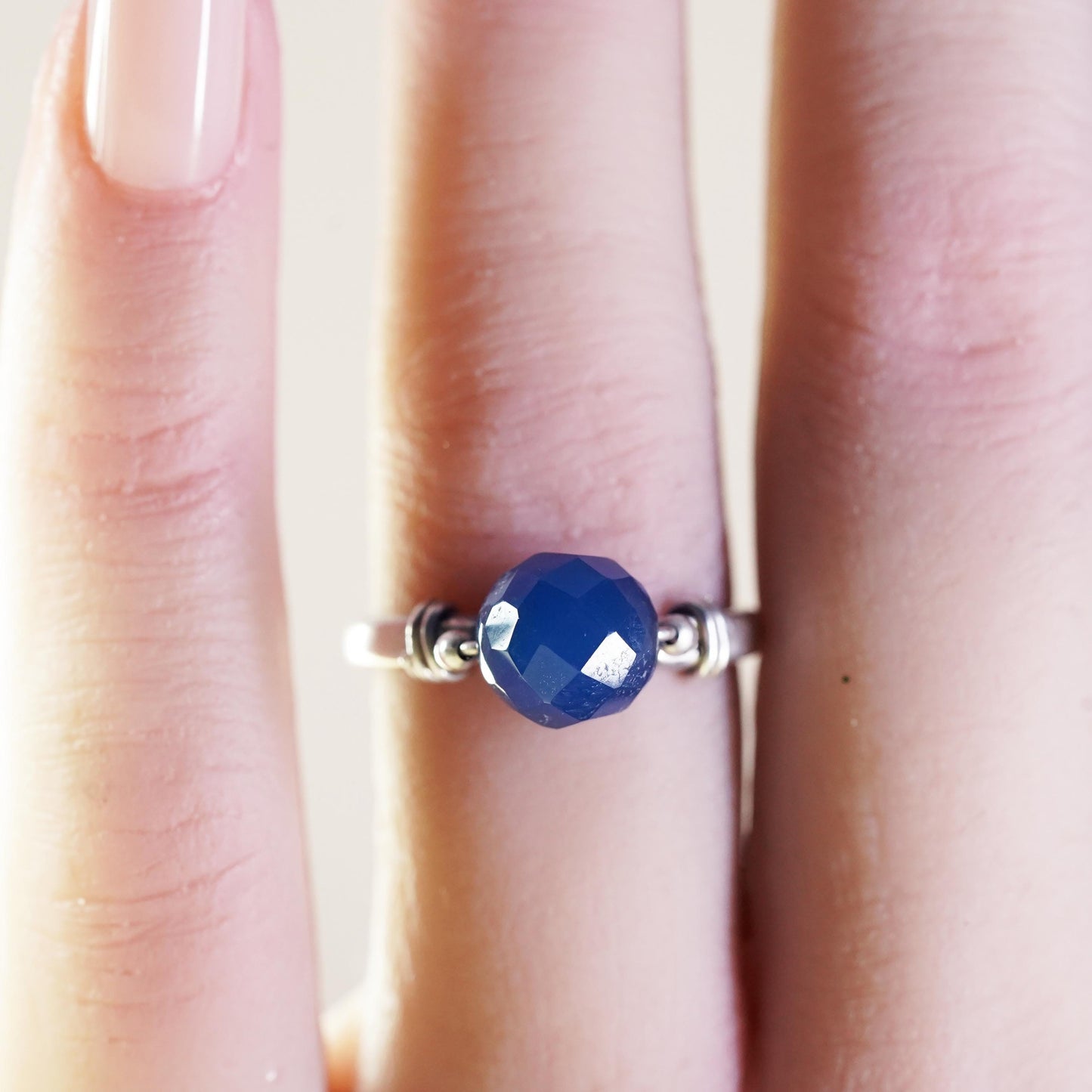 Size 5, Vintage sterling silver handmade ring with blue chalcedony bead
