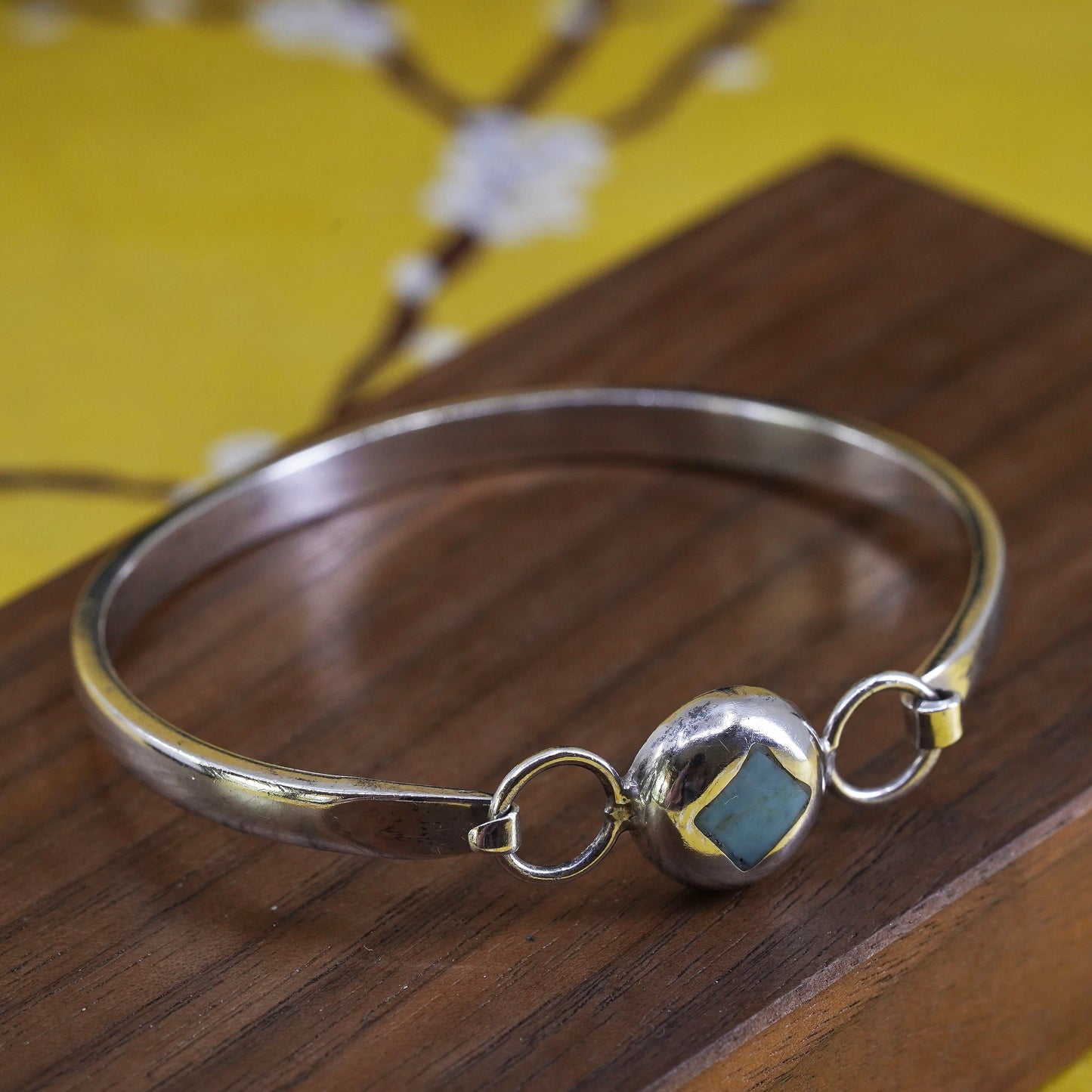 6.5”, Sterling silver handmade bracelet, Mexico 925 hinged bangle w/ turquoise