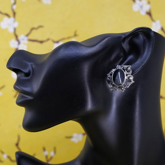 Vintage Sterling 925 silver handmade oval studs earrings with onyx marcasite