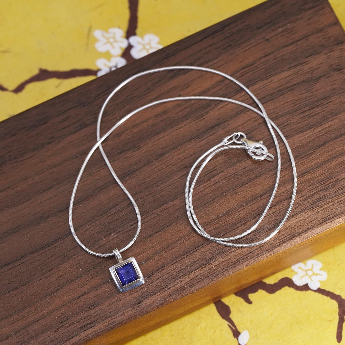 16", vintage sterling silver necklace, 925 snake chain square amethyst pendant