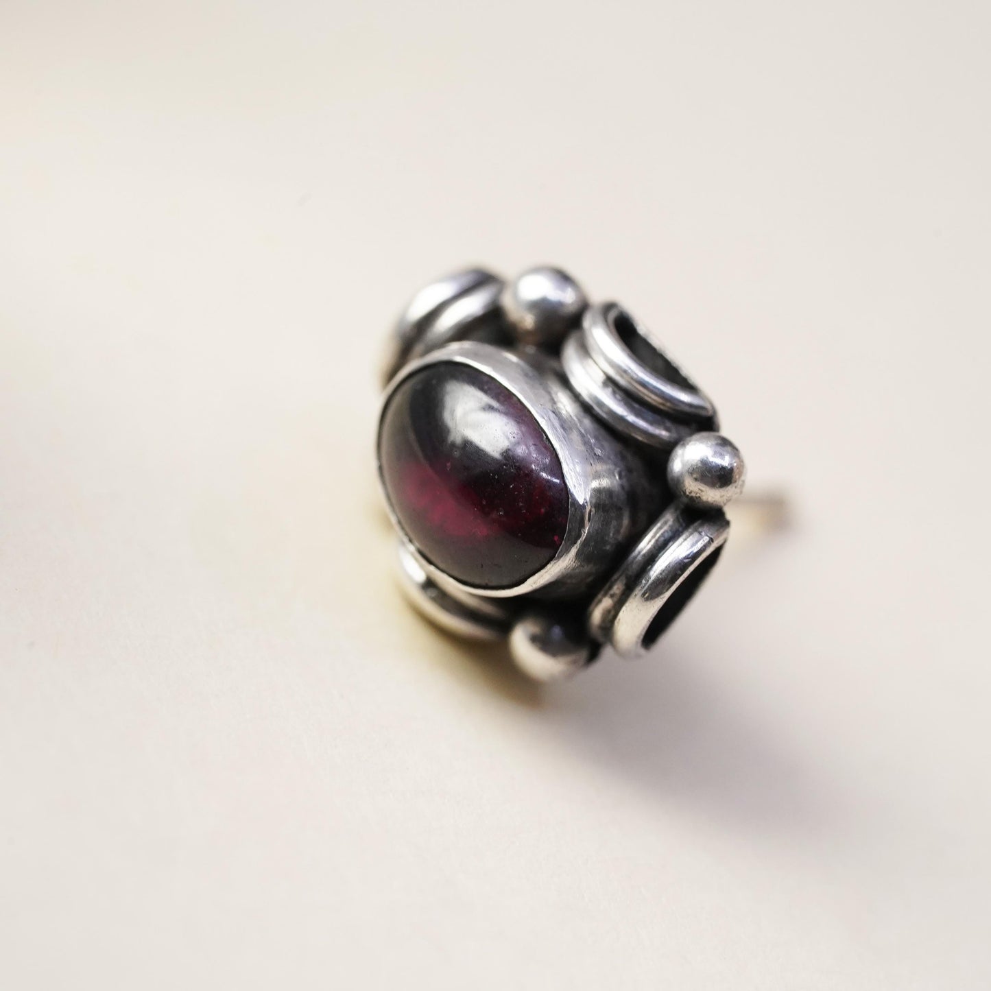 Vintage handmade single earring. Sterling 925 silver stud with garnet