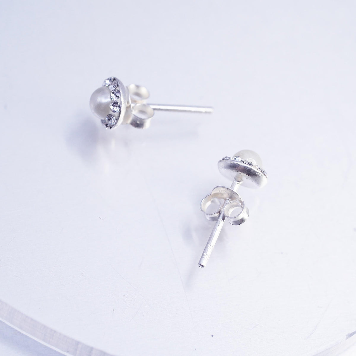 Vintage Sterling 925 silver handmade earrings, studs with pearl and cz