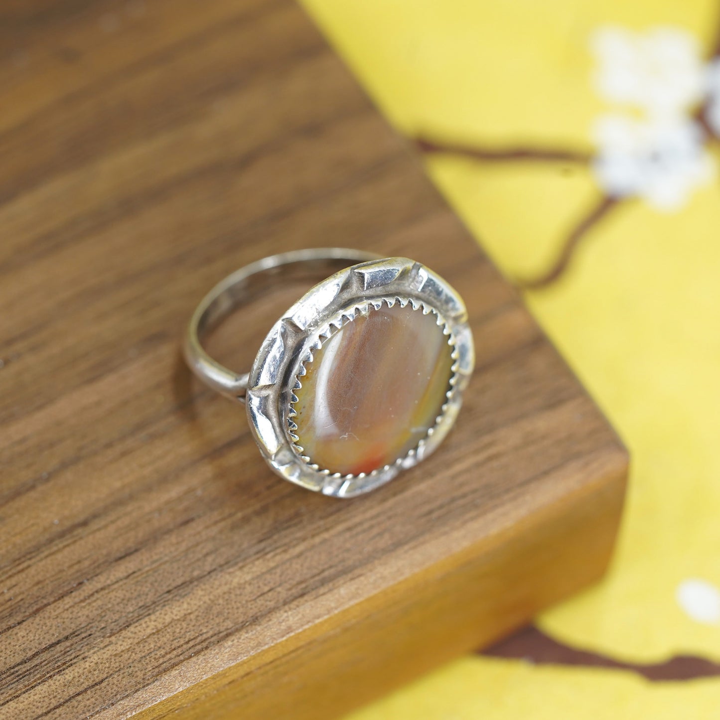 Size 8, Vintage Sterling 925 silver handmade ring with dendritic agate