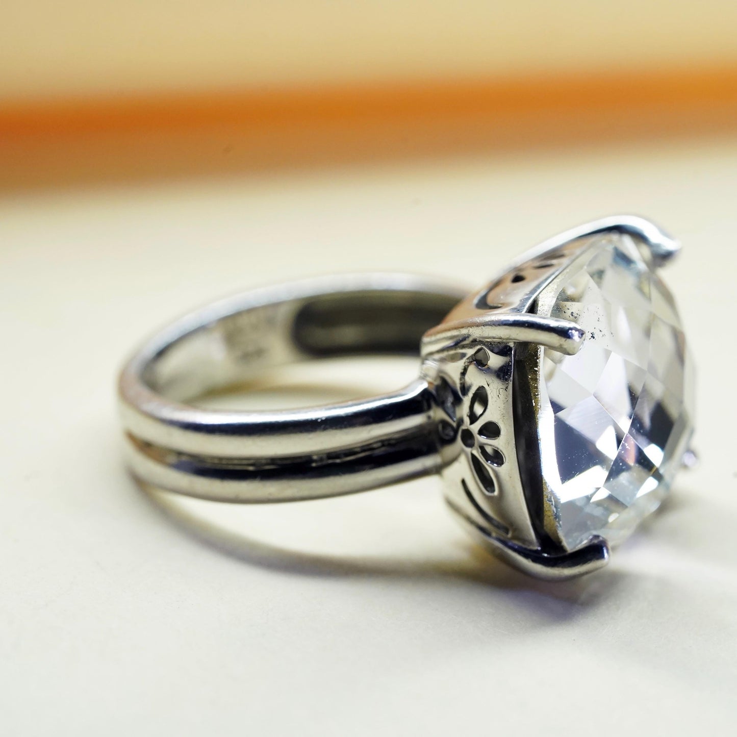 Size 8.25, Vintage Sterling 925 silver statement ring with cushion cut cz