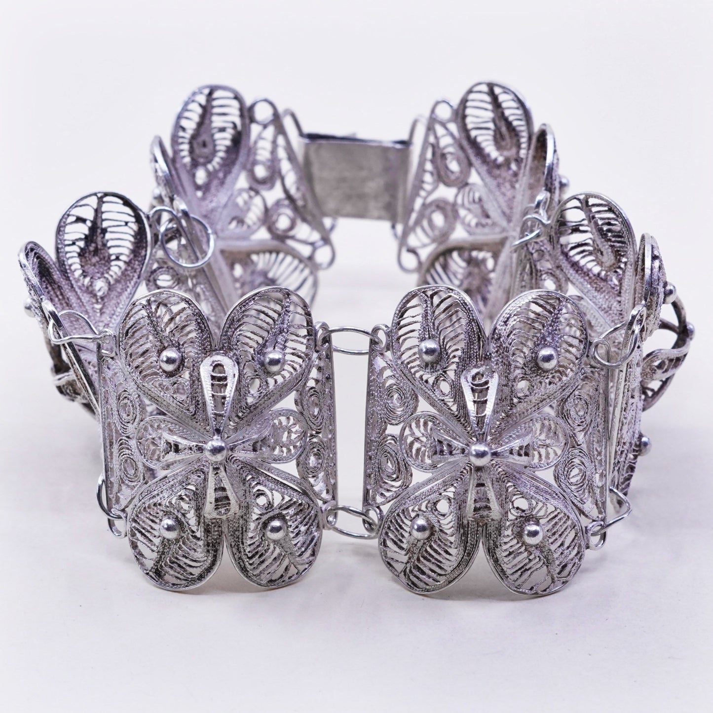 7.5”, vintage sterling silver handmade bracelet, 900 filigree square link chain
