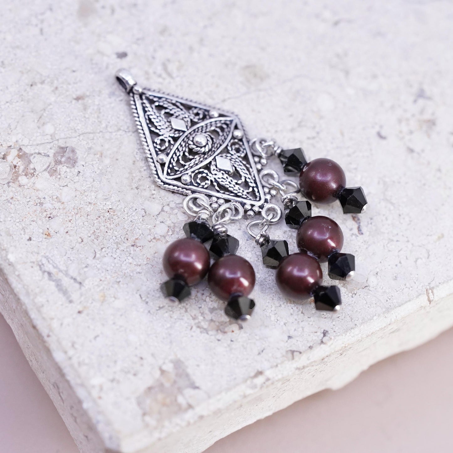 Vintage Sterling silver handmade pendant, 925 filigree charm with pearl beads