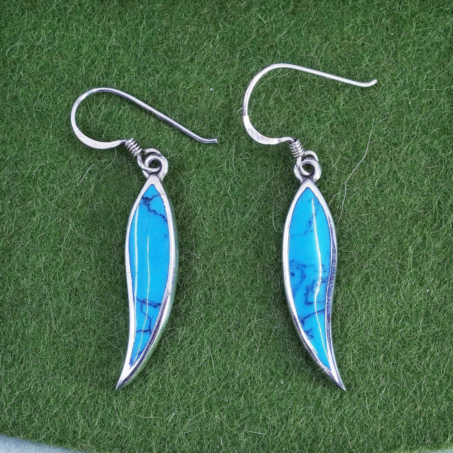 Vintage Sterling silver handmade earrings, 925 wavy drops with turquoise