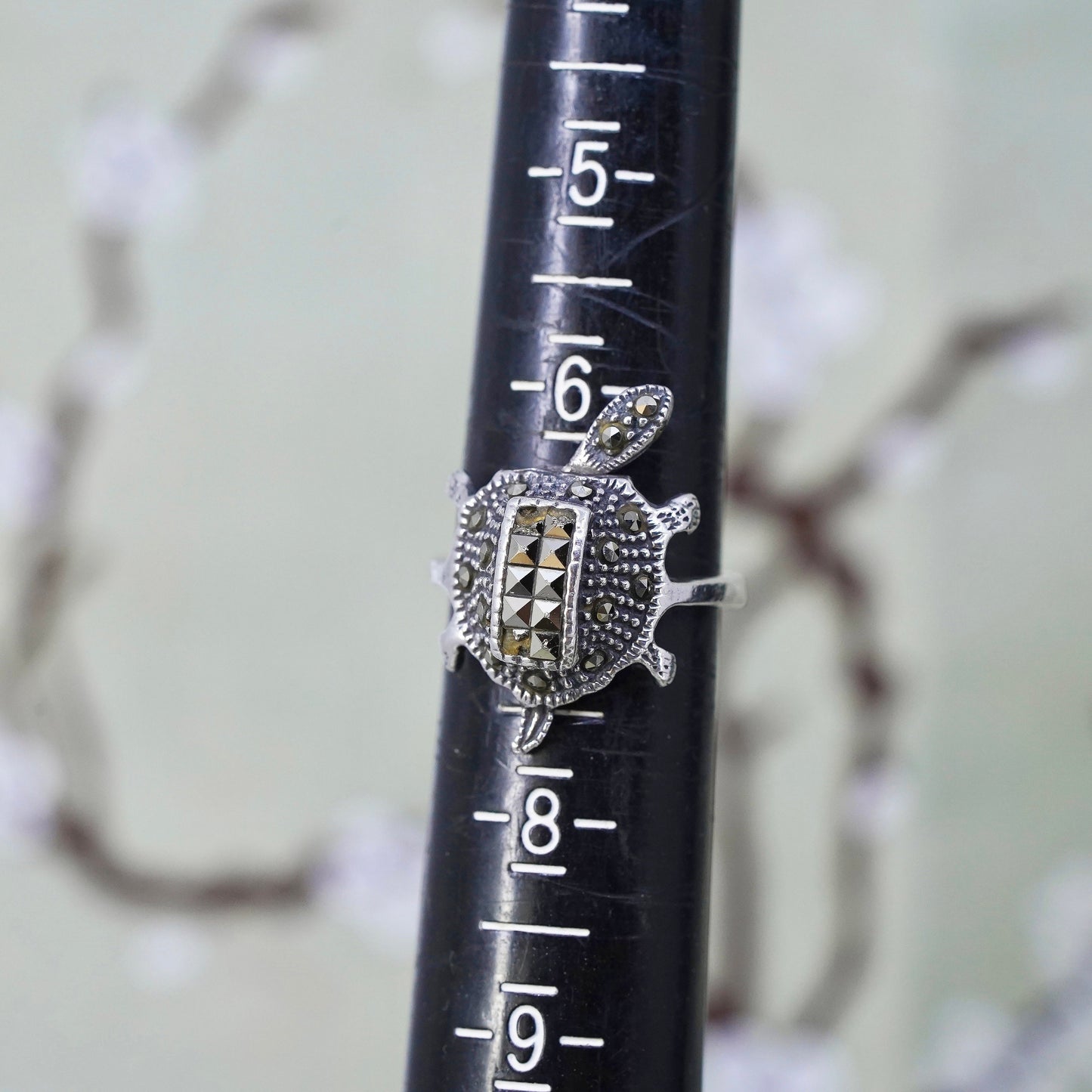 Size 7, sterling silver handmade ring, 925 turtle with movable head marcasite