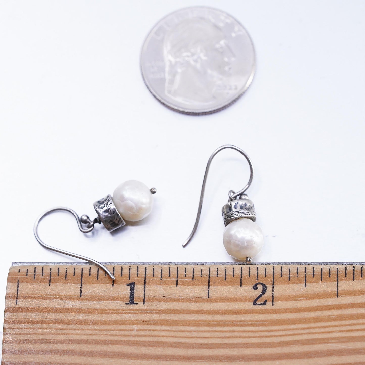 Vintage Sterling Silver Freshwater Pearl Dangle Earrings, Artisan Pearl Drops