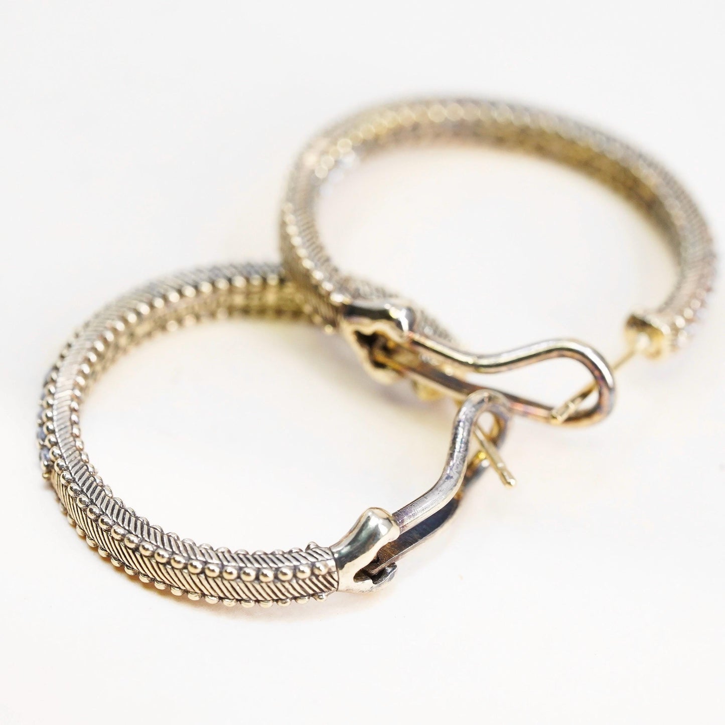 1", Judith Ripka gold plated sterling silver earrings, 925 textured hoops Cz