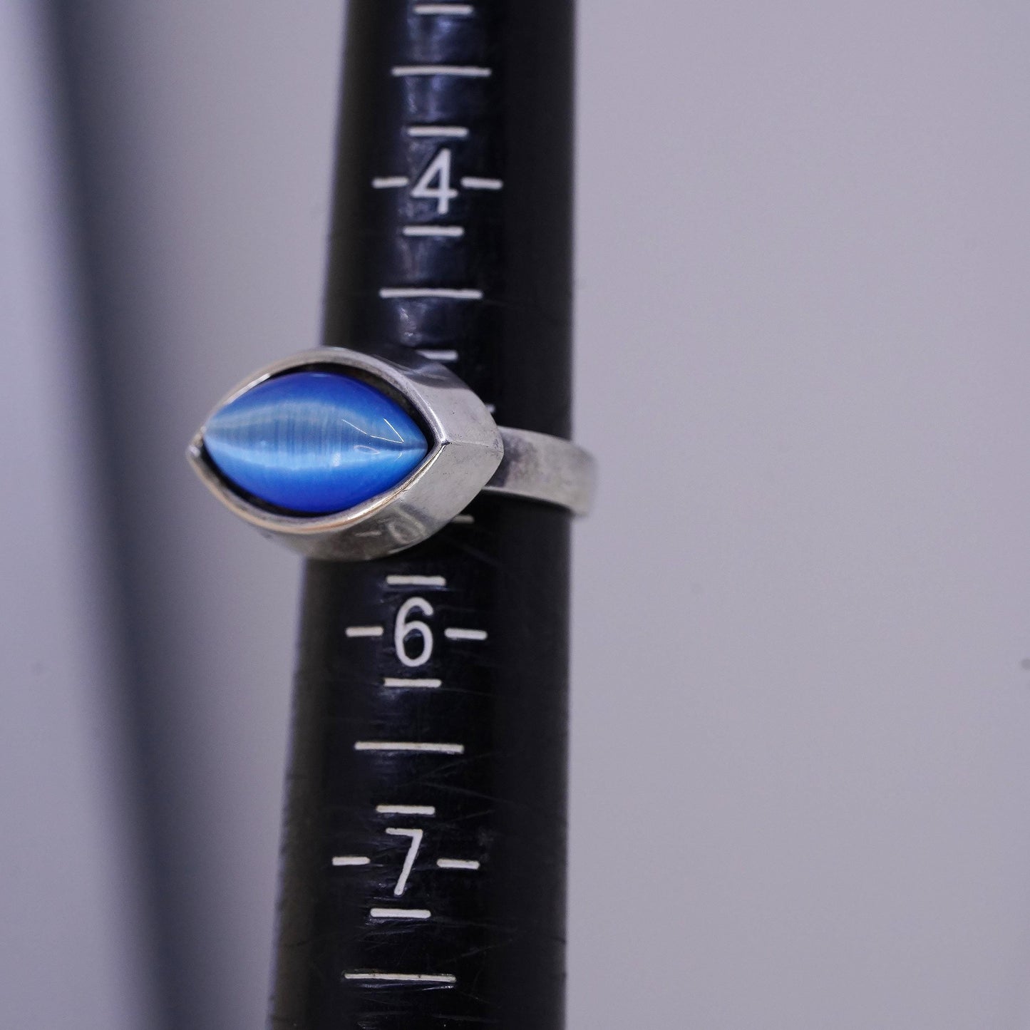 Size 5, vintage Sterling silver ring, 925 band with marquise cut blue tiger eye