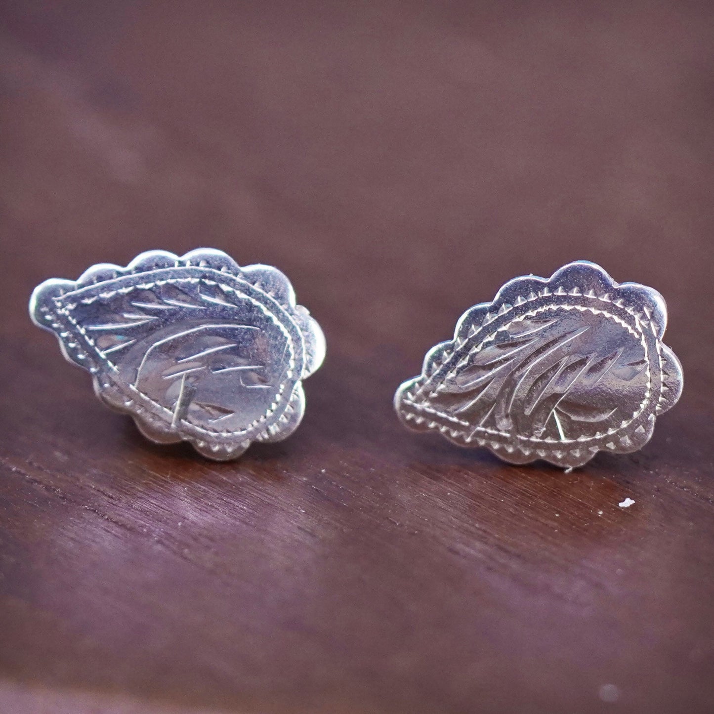 vintage southwestern Sterling silver handmade earrings, 925 leafy studs
