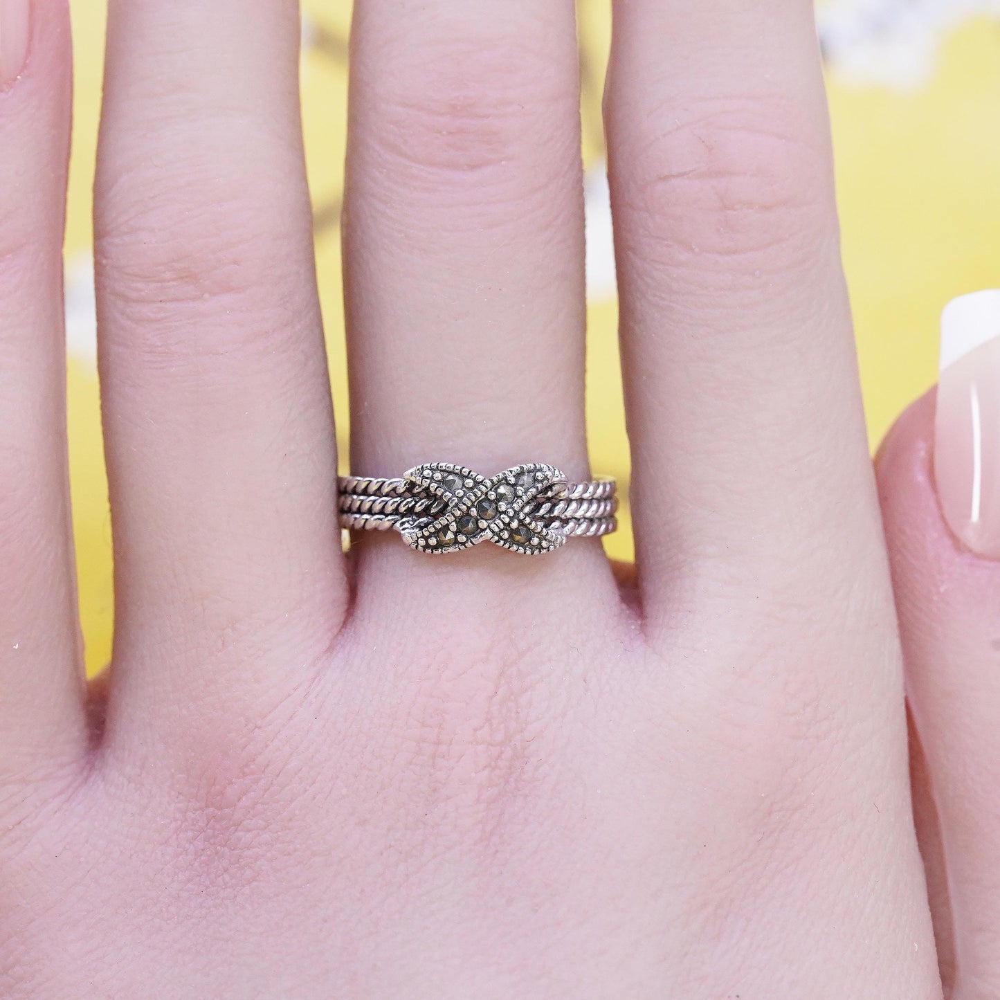 Size 8, Sterling Silver Marcasite Infinity Knot Ring, Rope Band, Art Deco Ring