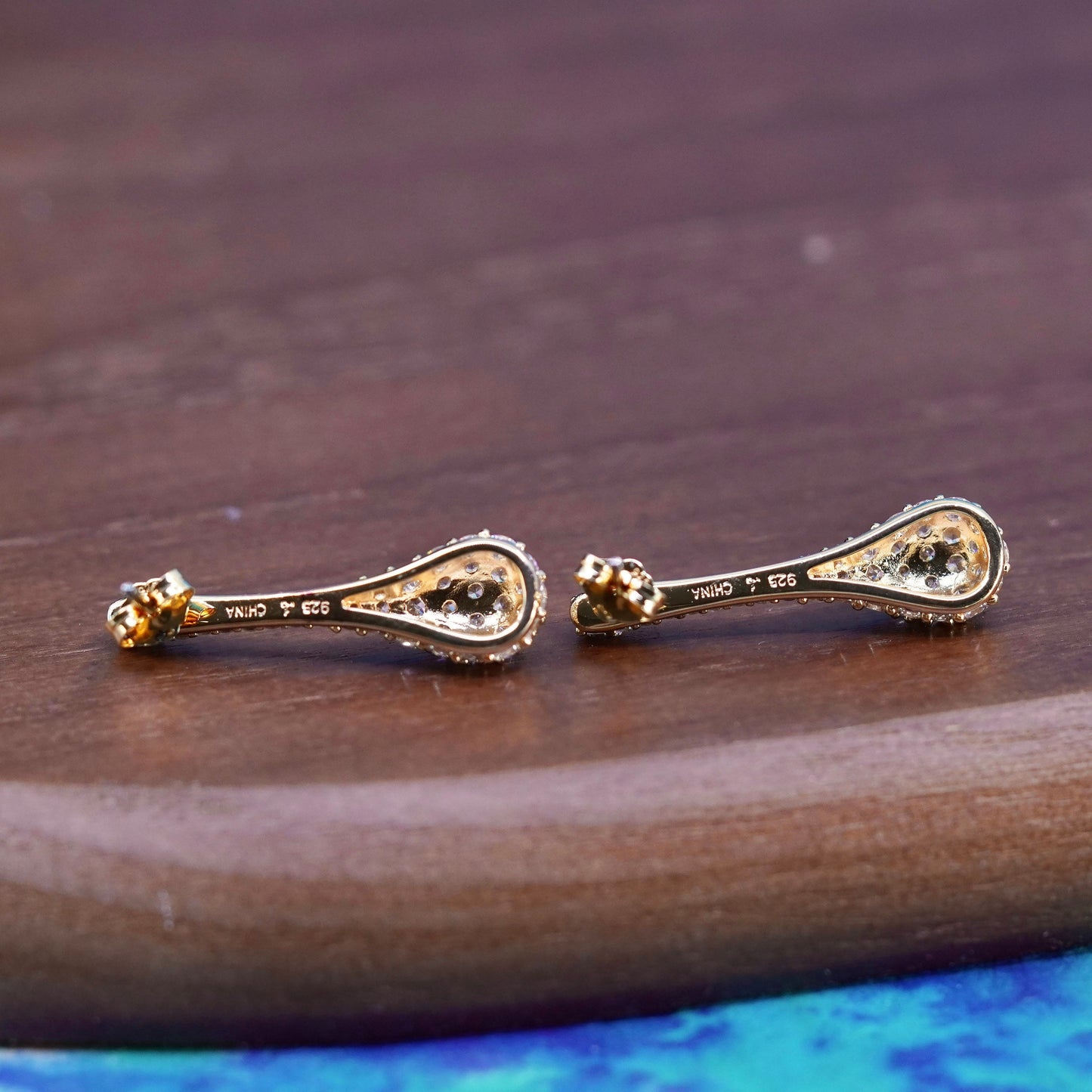 Vermeil gold over sterling silver earrings, 925 teardrop studs with cluster cz