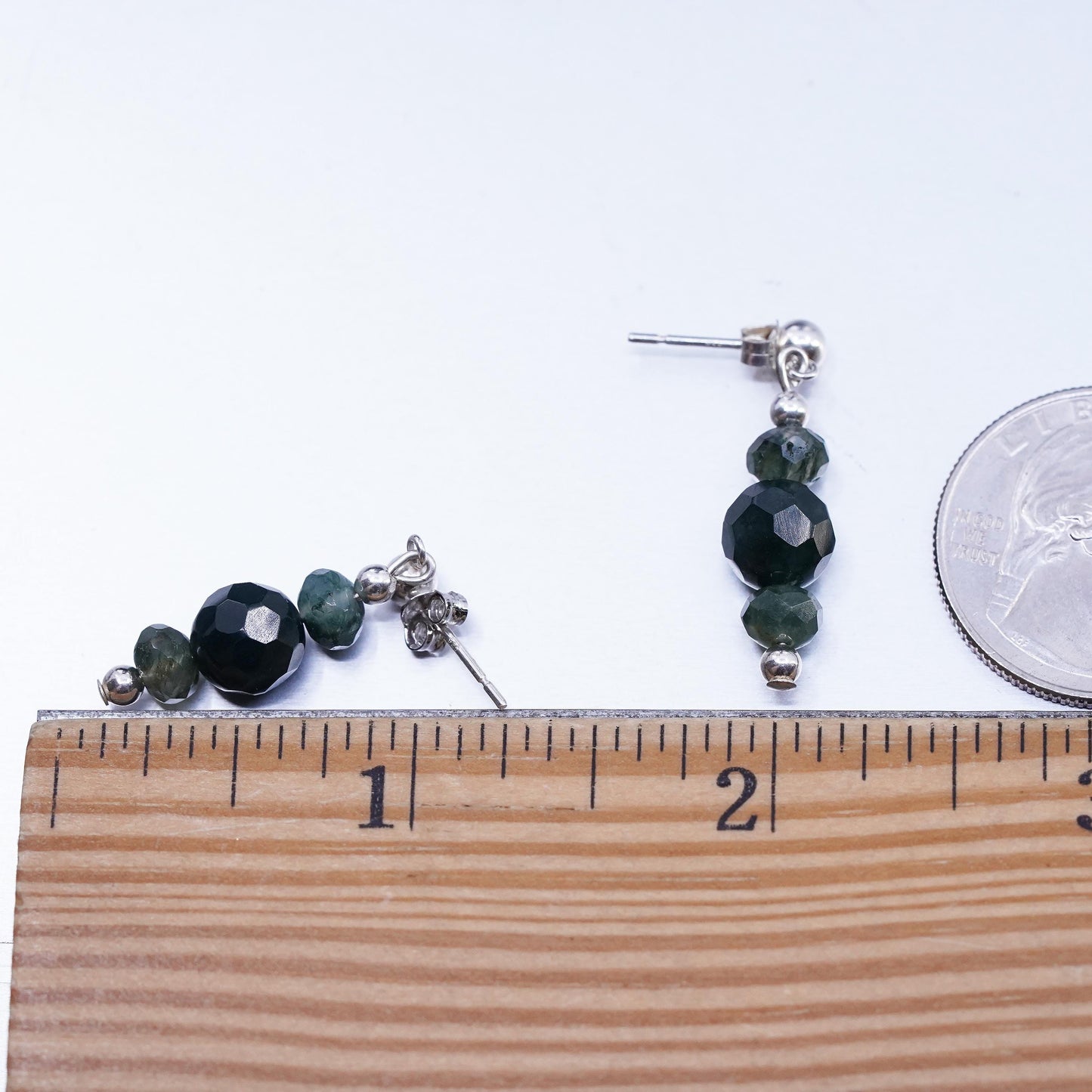 Vinatge sterling silver handmade earrings, 925 studs with moss agate beads