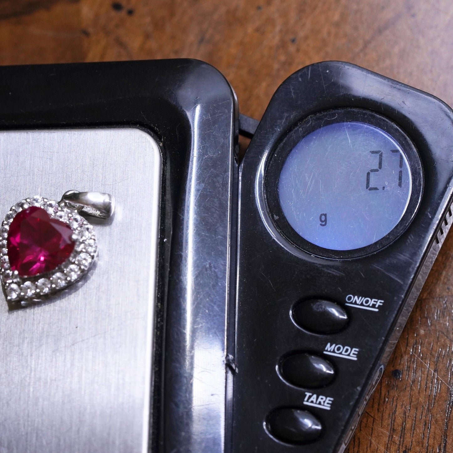 Vintage sterling silver pendant, 925 silver heart with ruby and cz around