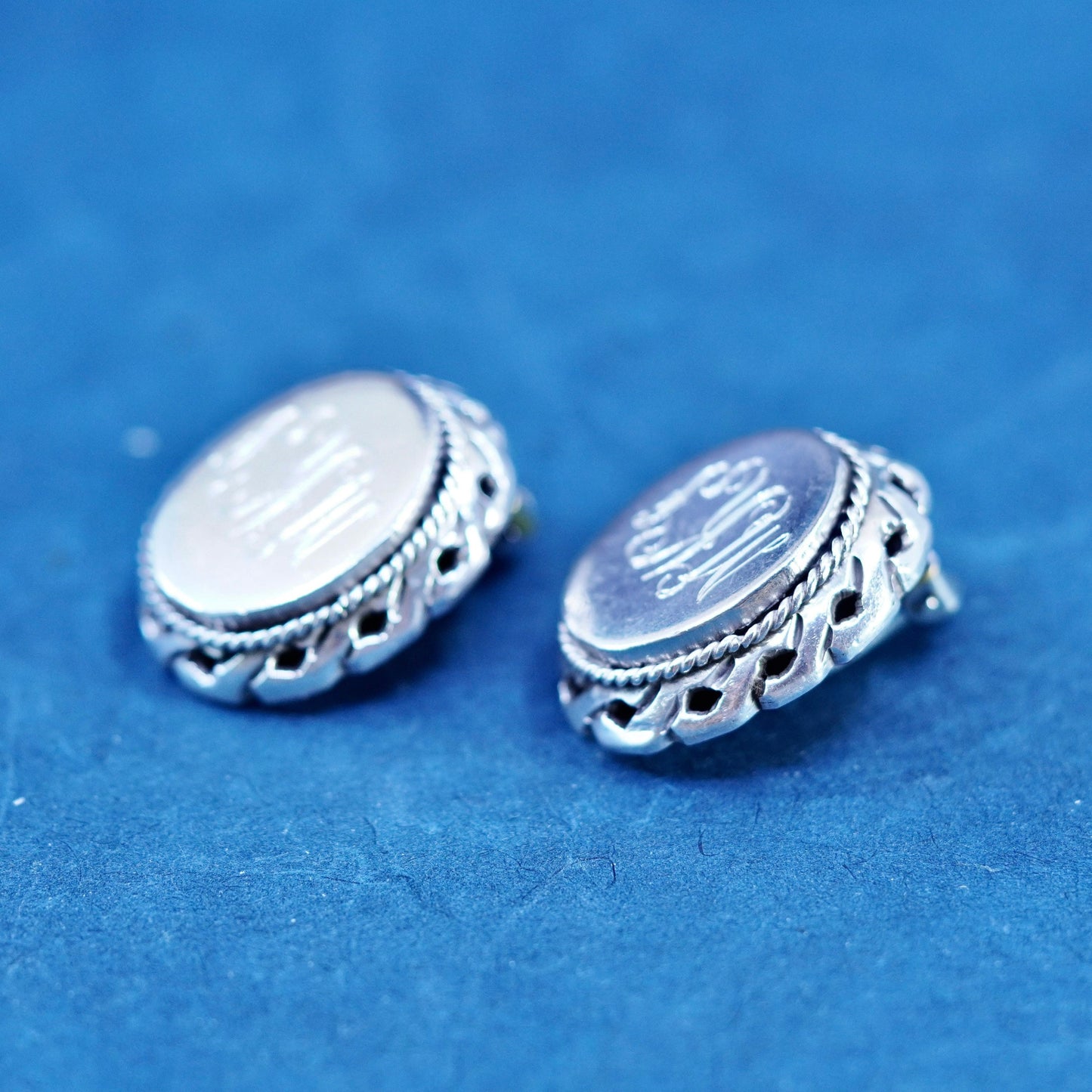 Mexican Parody 925 Large Clip On Sterling silver oval earrings monogram “MKF”