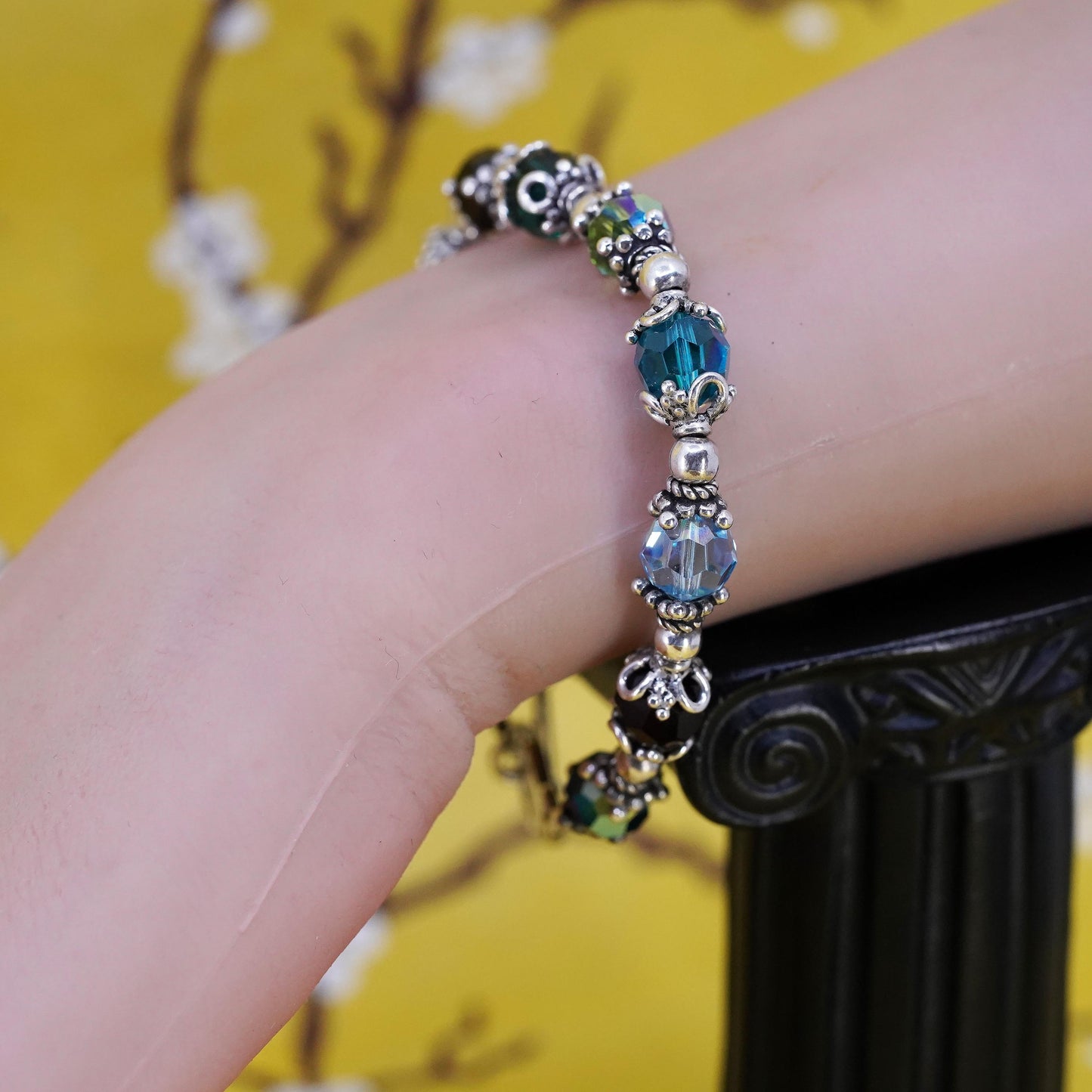 6.75”, Saki Sterling silver bracelet, 925 beads with crystal and toggle closure
