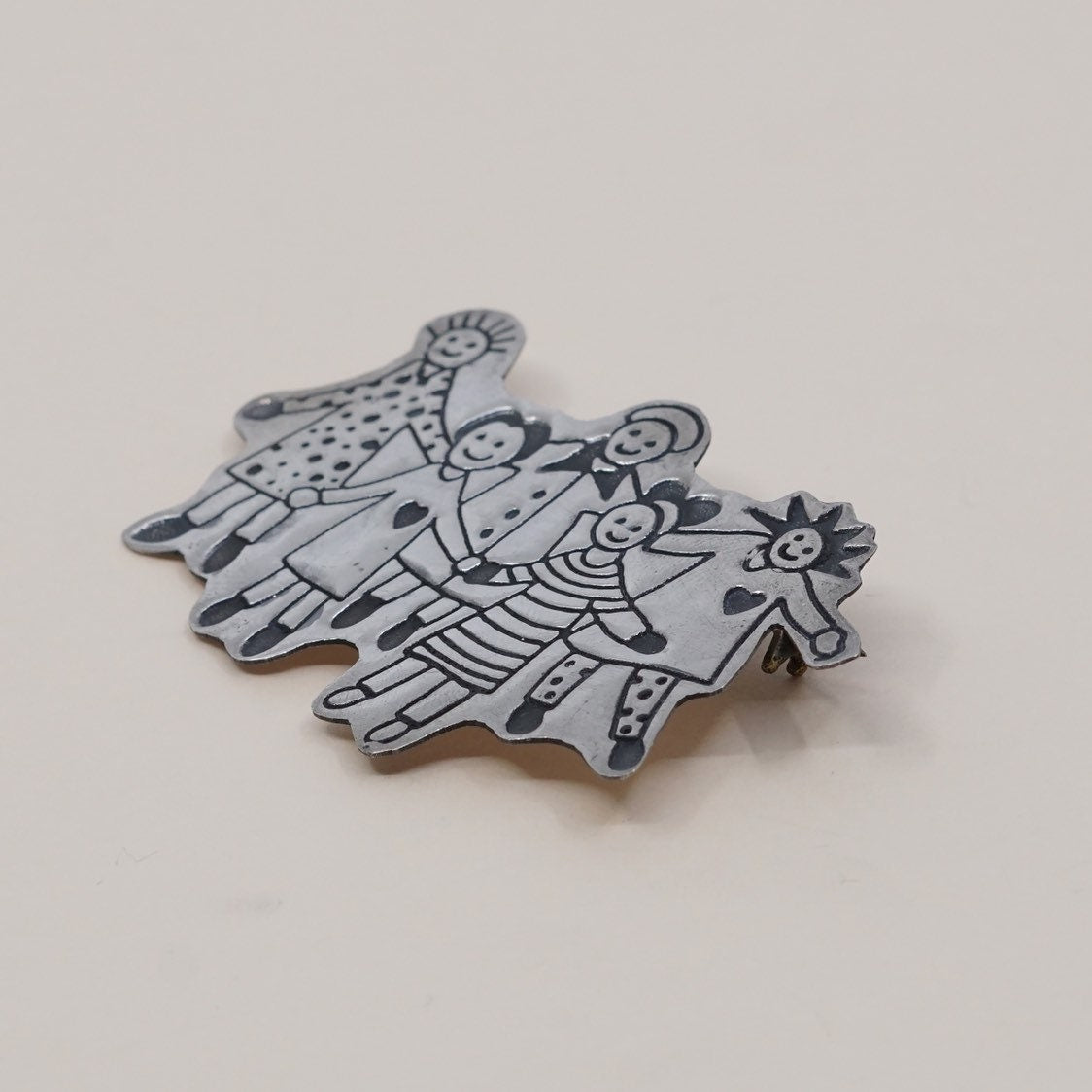 Antique sterling silver handmade brooch, solid 925 silver save the children with hearts, stamped "Mexico 925 EFS”