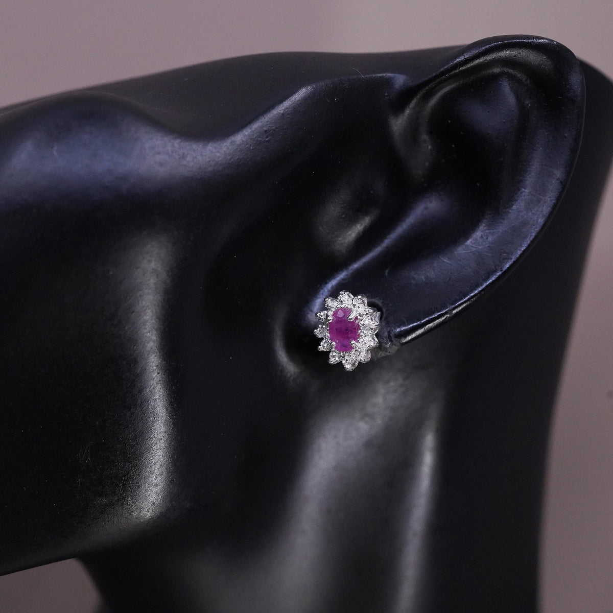 Vintage Sterling silver handmade earrings, 925 studs with ruby and diamonds