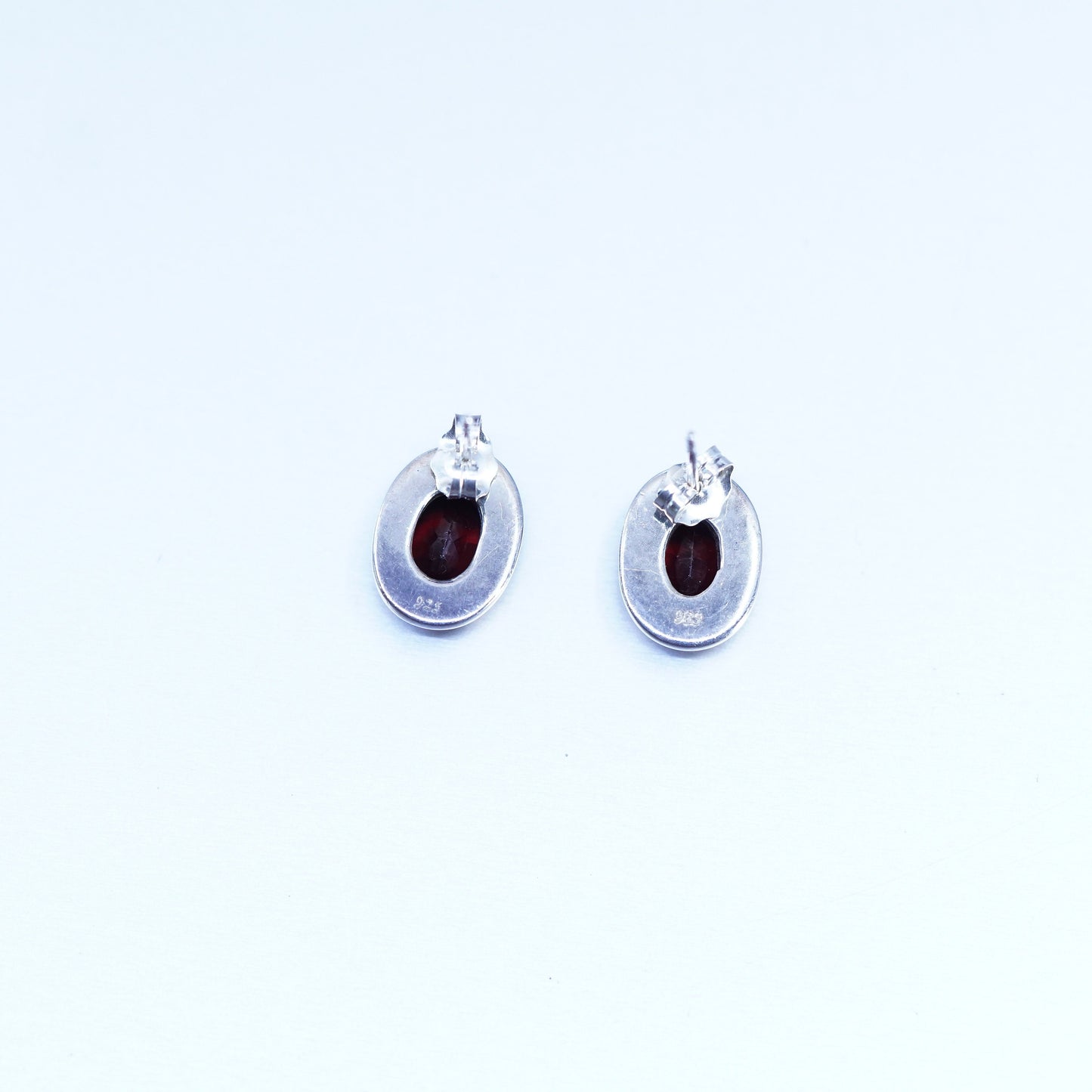 Vintage Sterling 925 silver handmade earrings, oval studs with ruby