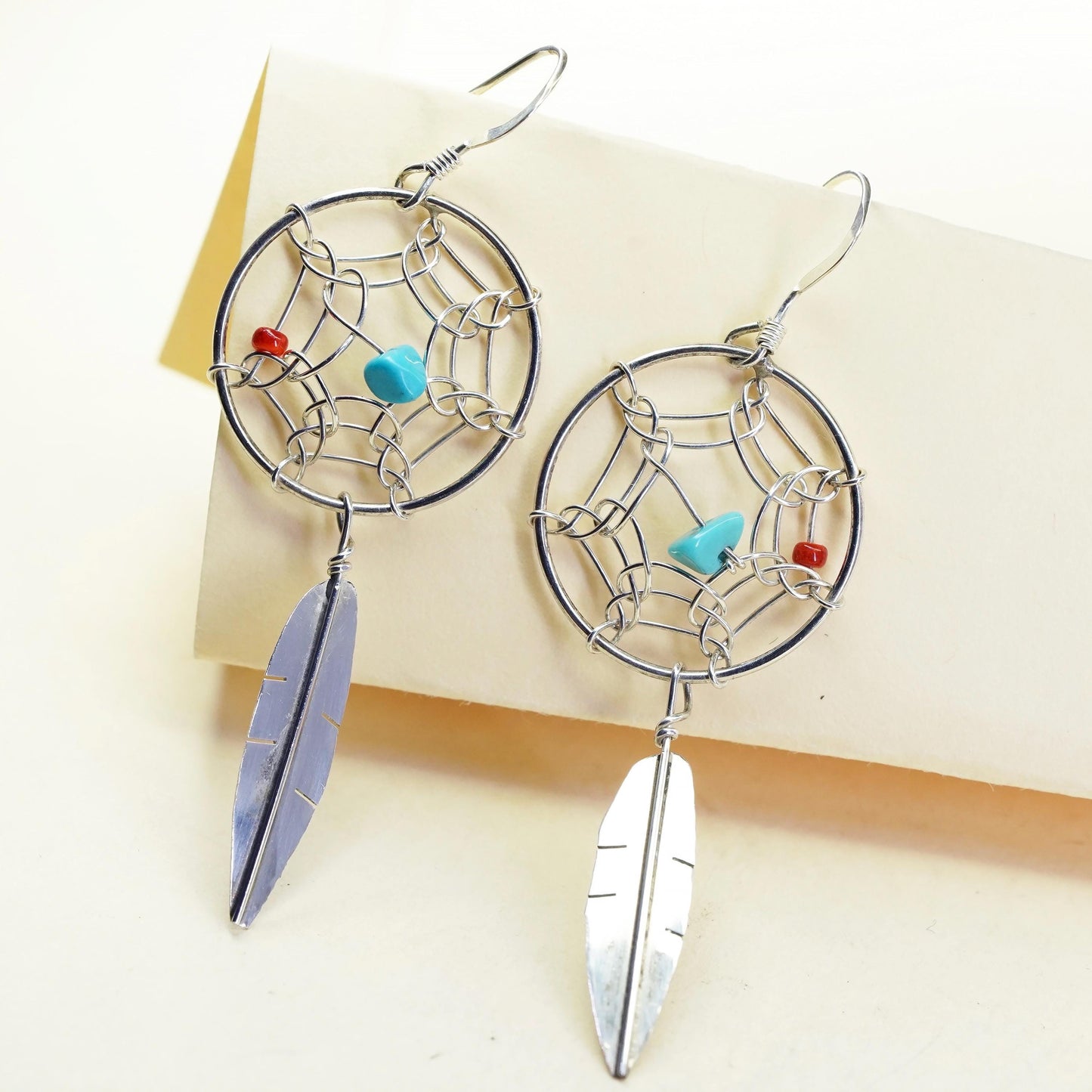 Native American Sterling silver earrings, 925 turquoise coral feather dangles