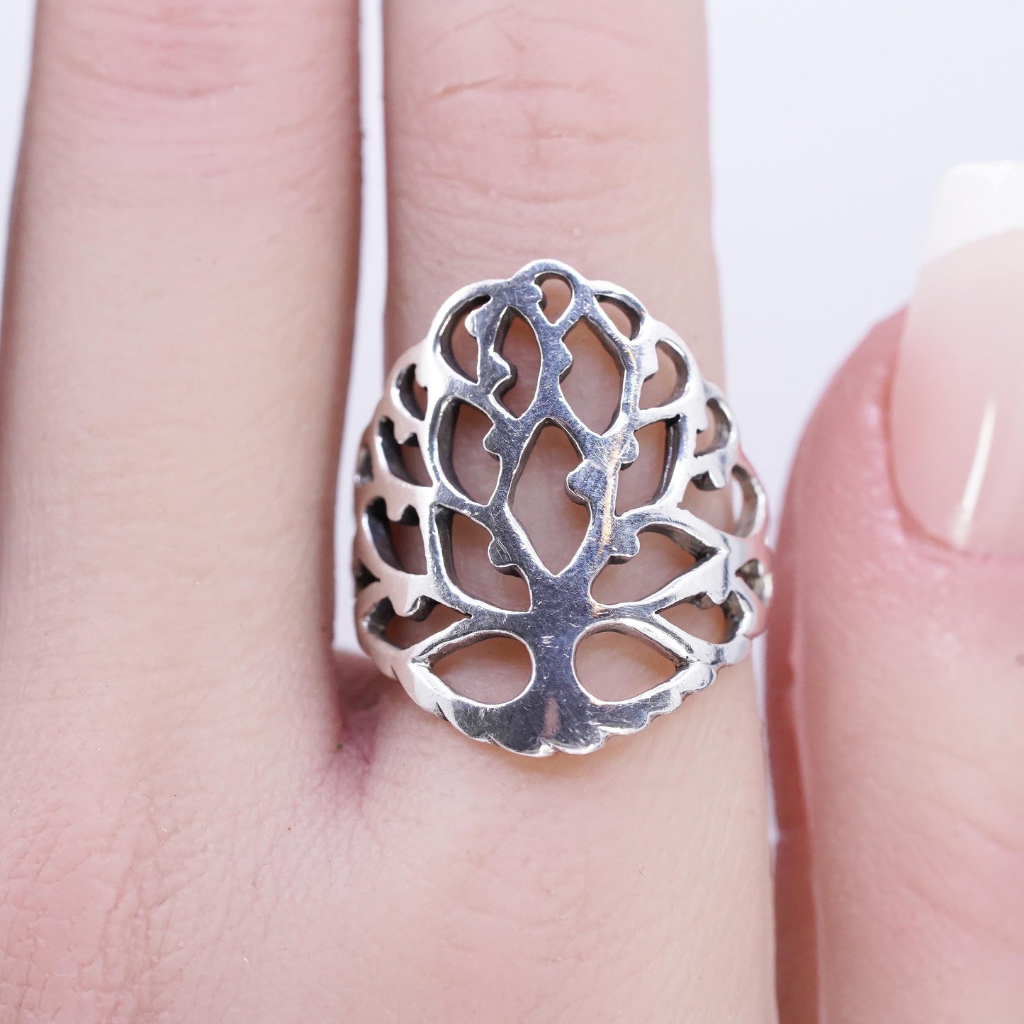 Size 8, Vintage Sterling 925 silver handmade filigree family tree ring