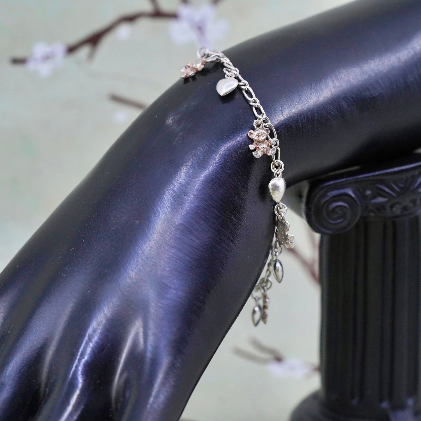 7", Vintage sterling 925 silver figaro bracelet with heart teddy bear charms