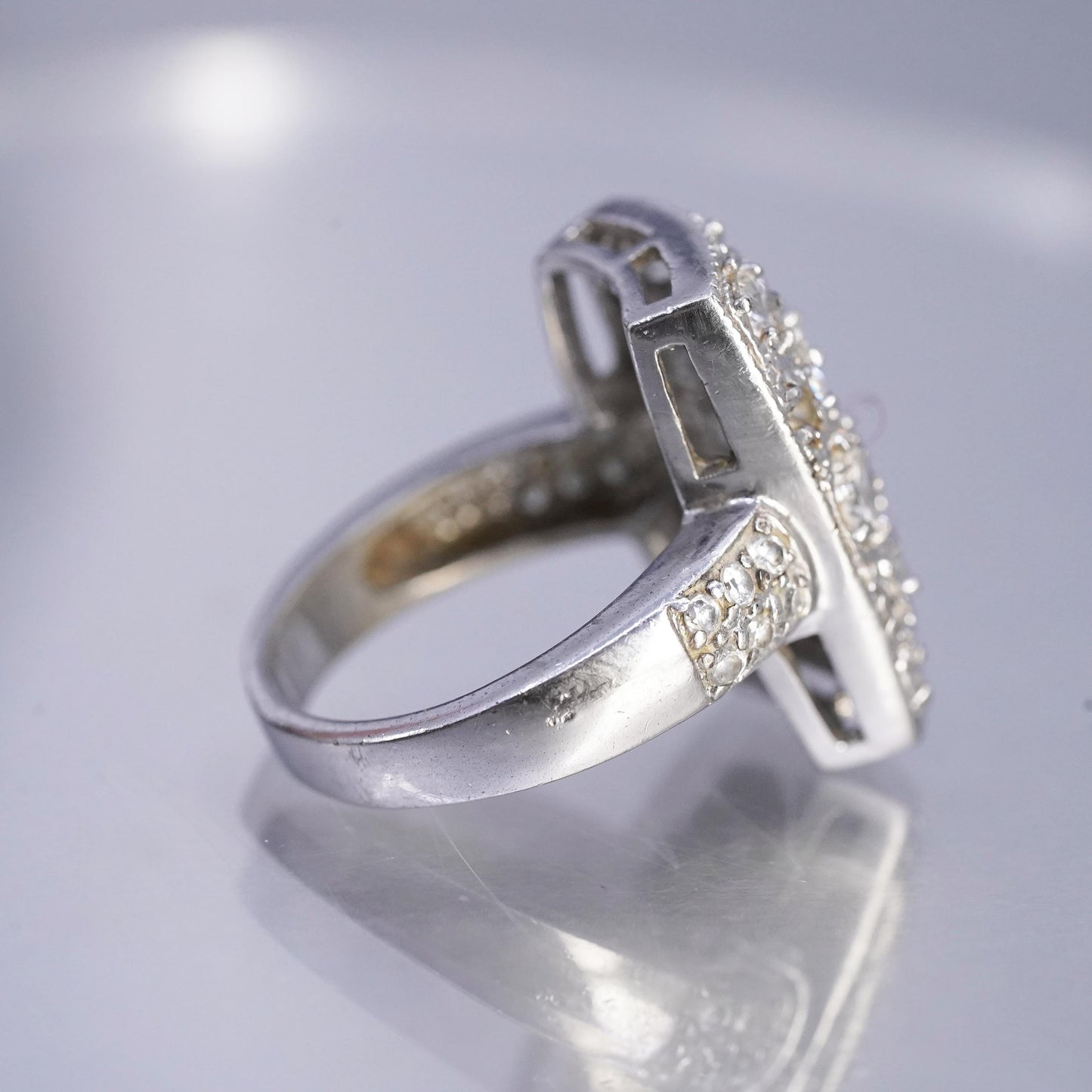 Size 6, vintage Sterling 925 silver handmade wide band ring with cluster Cz