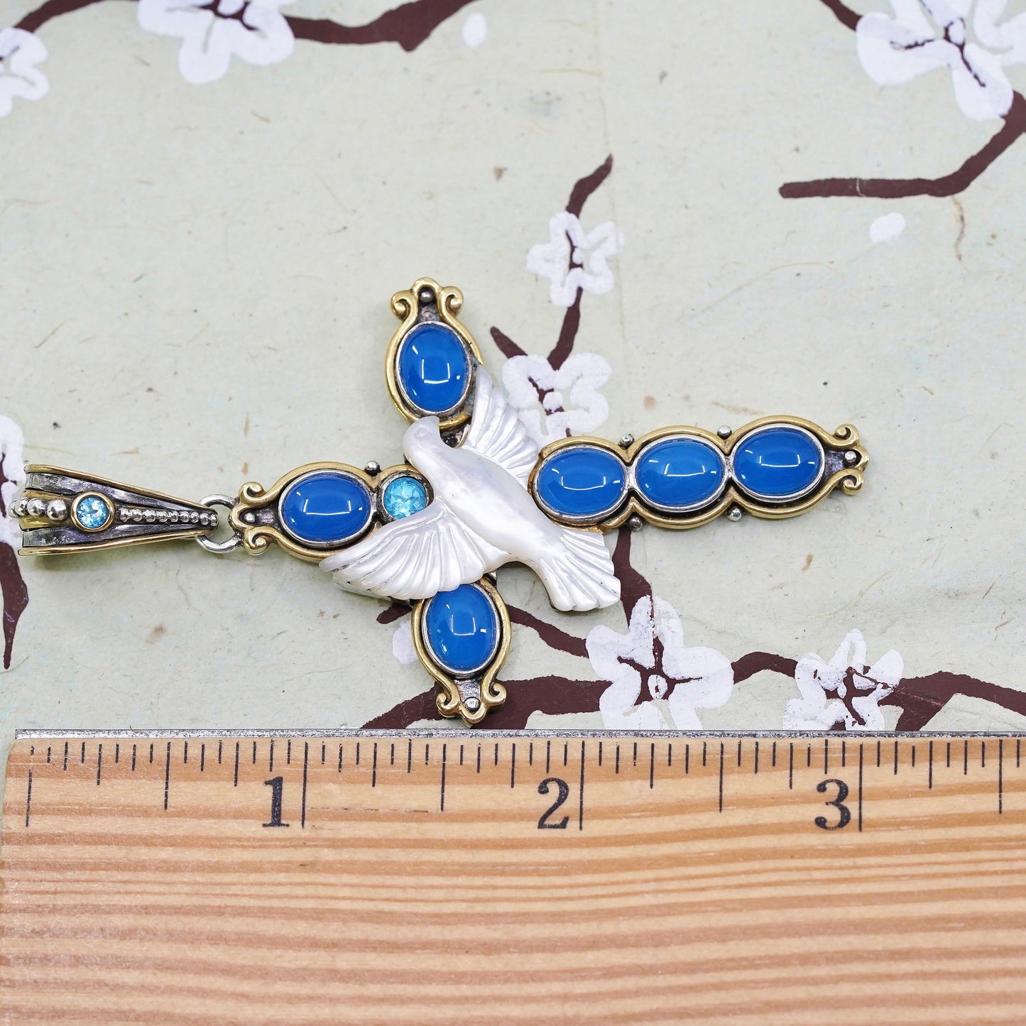 two tone sterling silver handmade pendant, 925 cross with mother of pearl dove