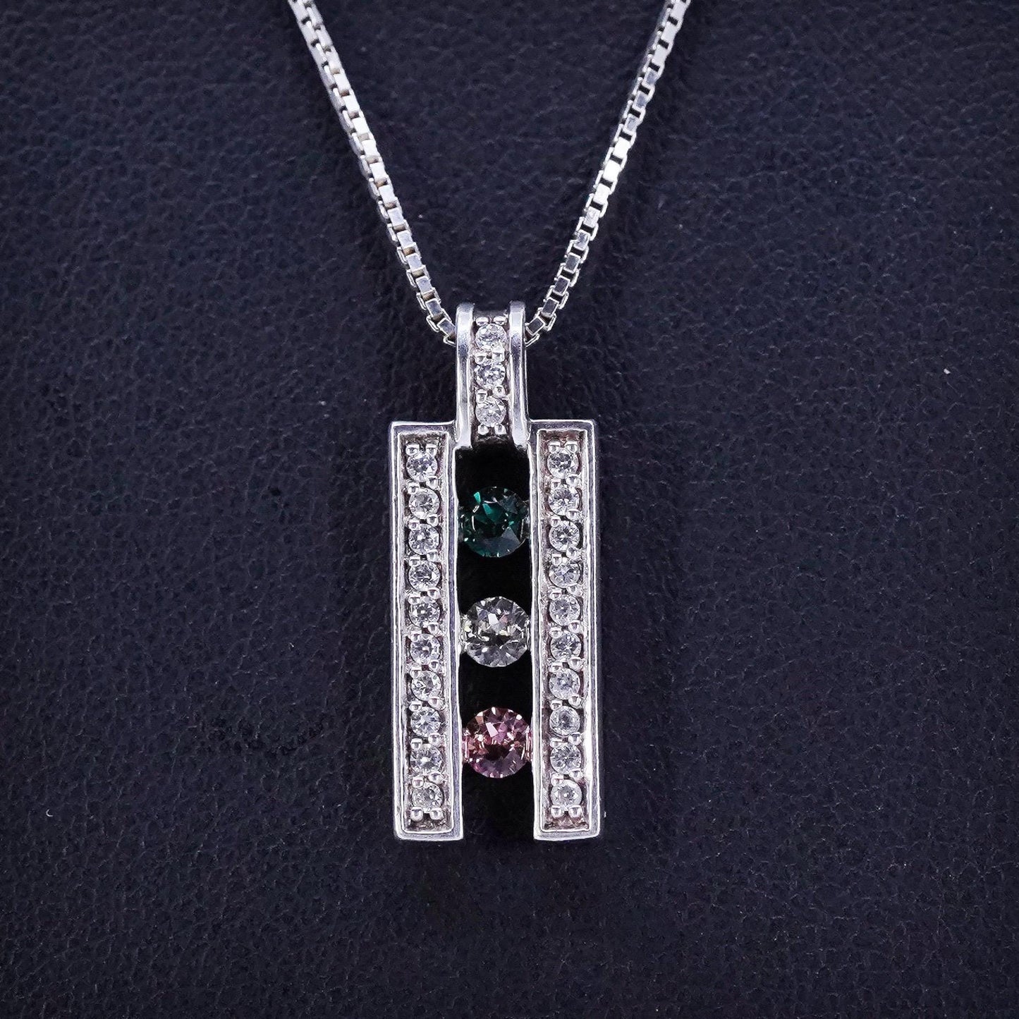 18+2”, vintage Sterling 925 silver box chain necklace with crystal pendant