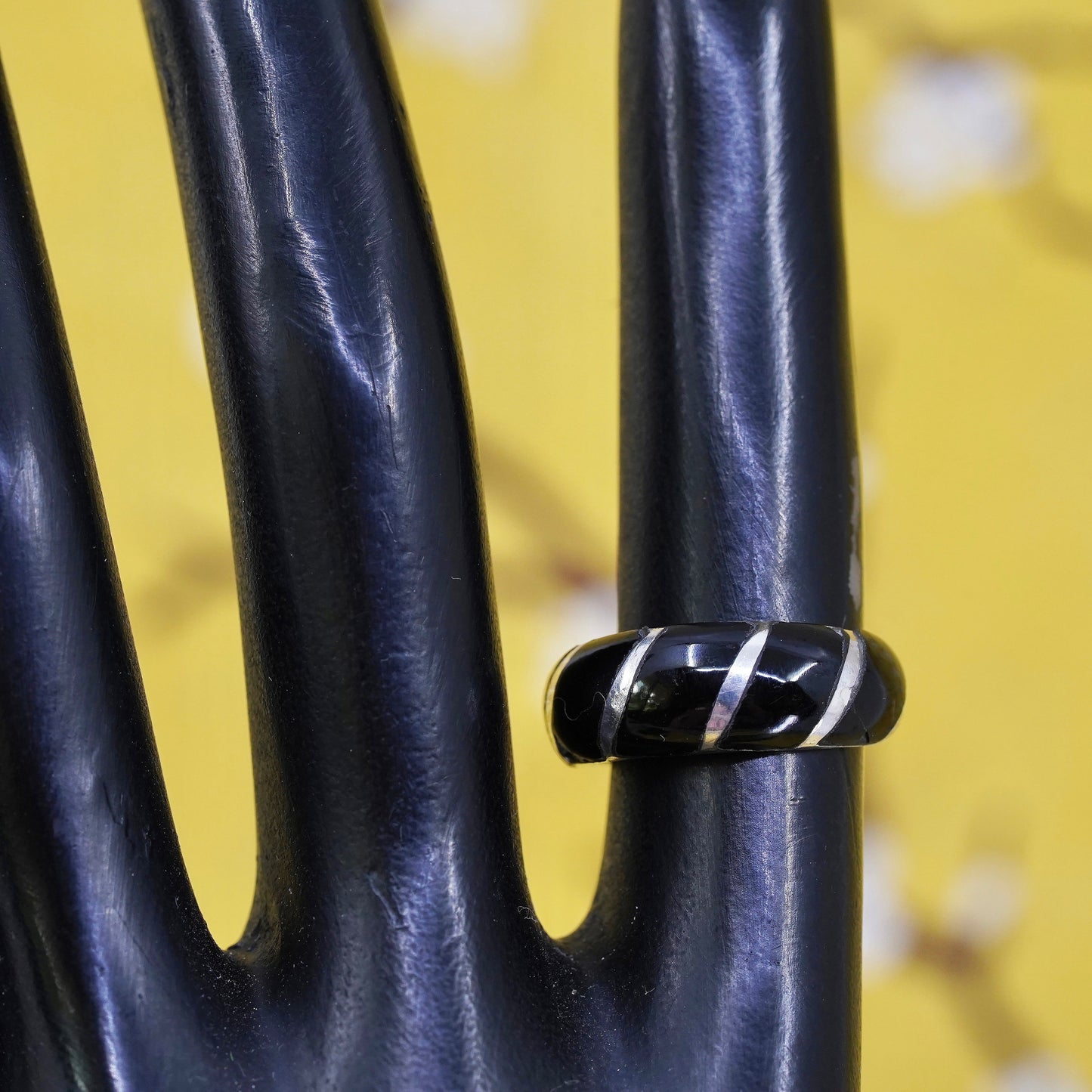 Size 5, vintage Sterling 926 silver handmade ring band with obsidian