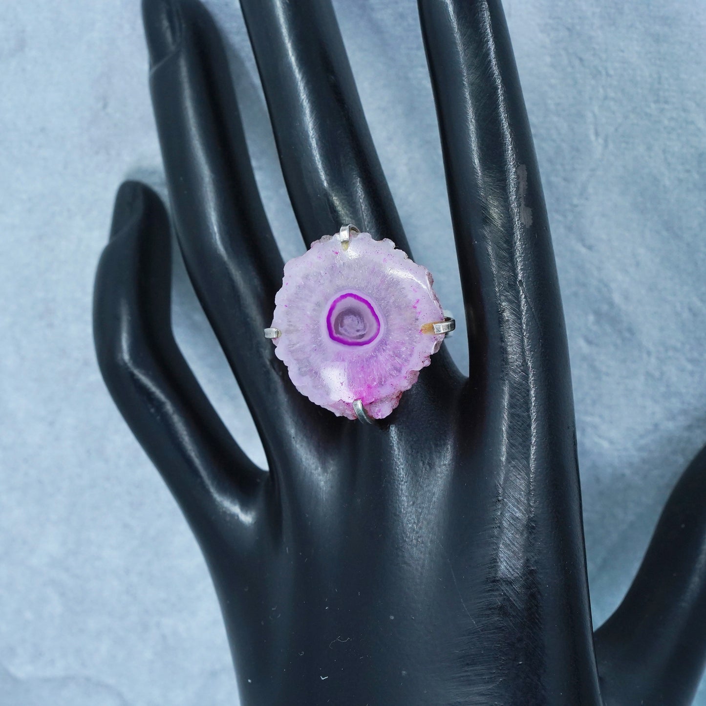 Size 7.25, vintage Sterling 925 silver handmade statement ring with pink agate