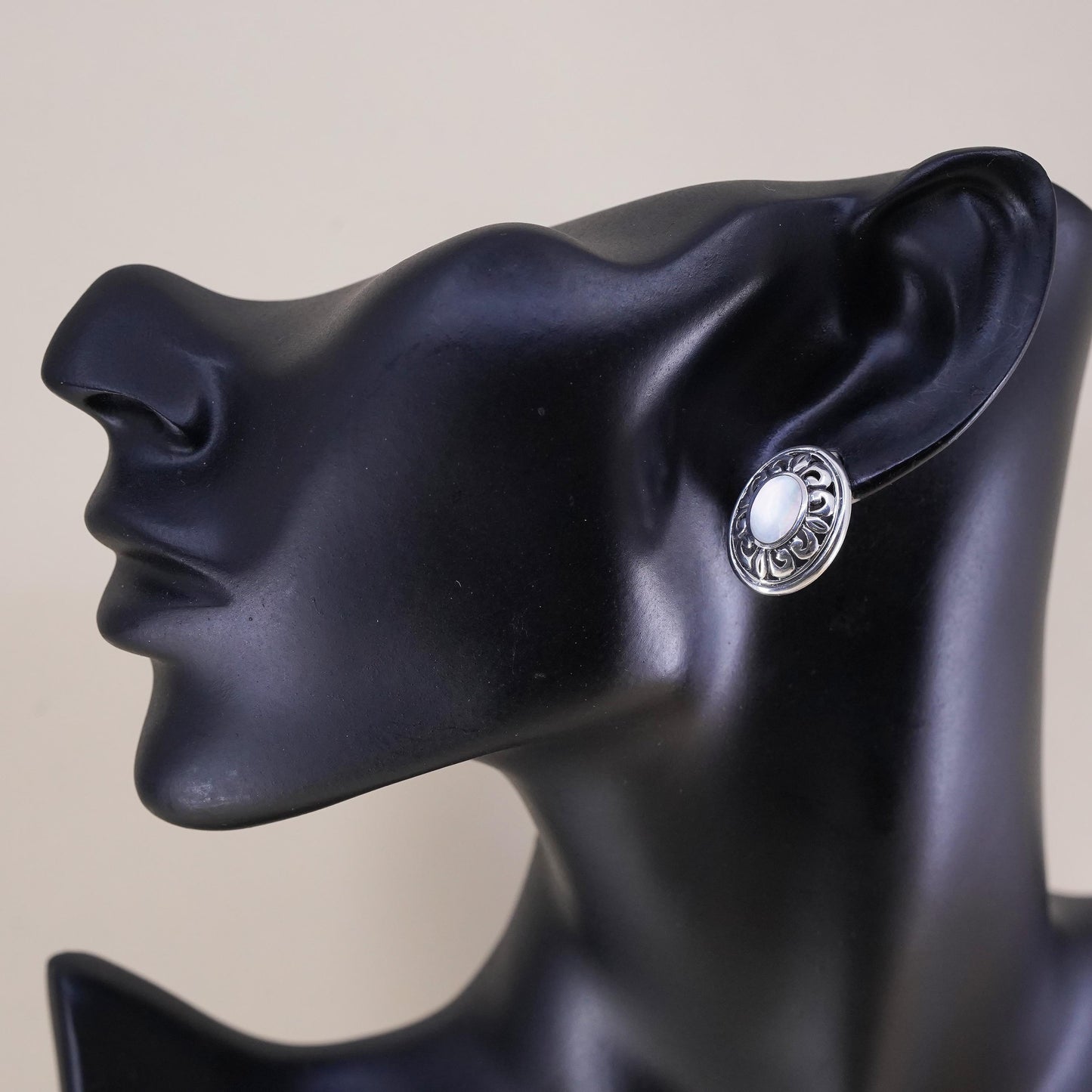 Vintage sterling silver earrings, 925 filigree studs with oval mother of pearl